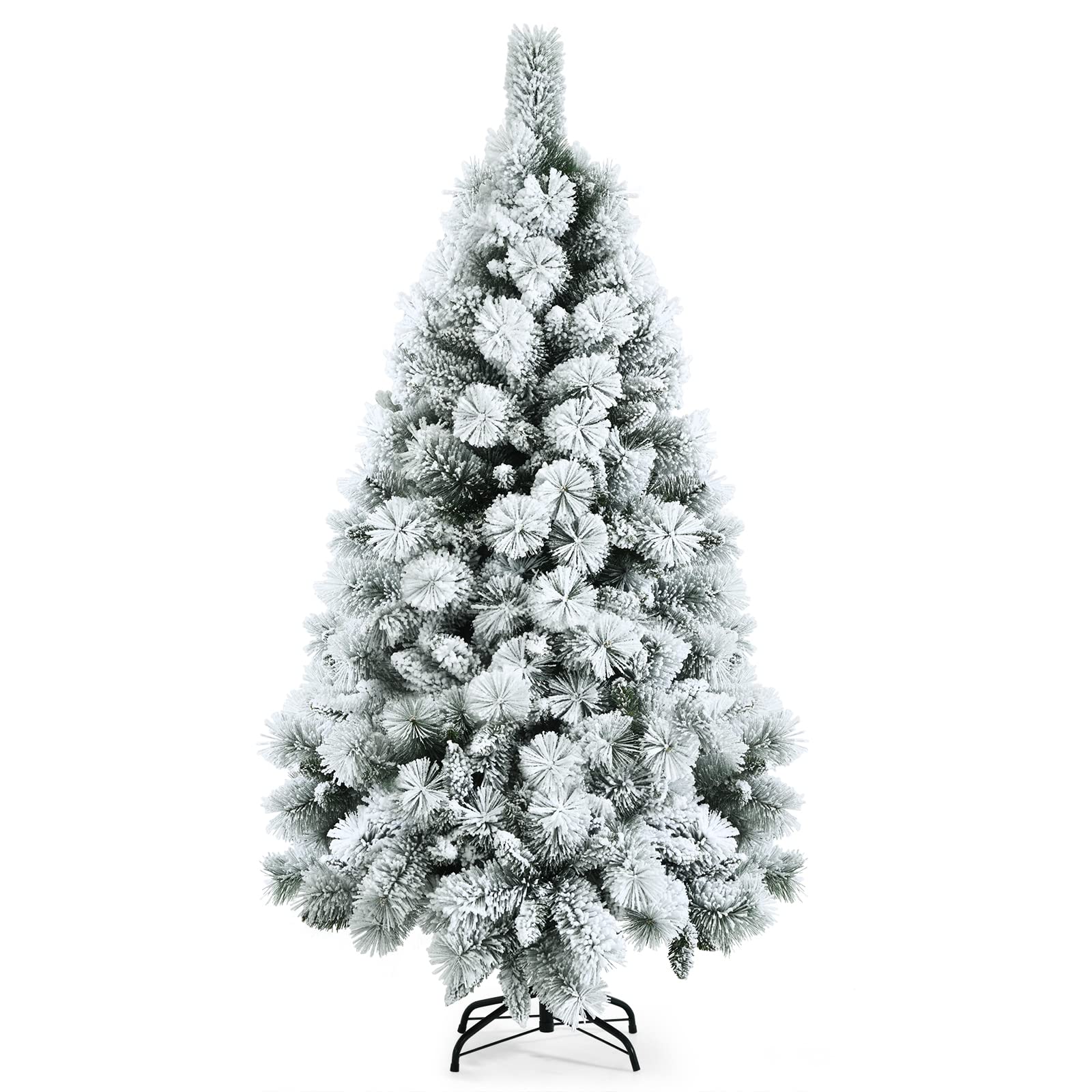 COSTWAY 5ft Snow Flocked Hinged Artificial Slim Christmas Tree w/Pine Needles