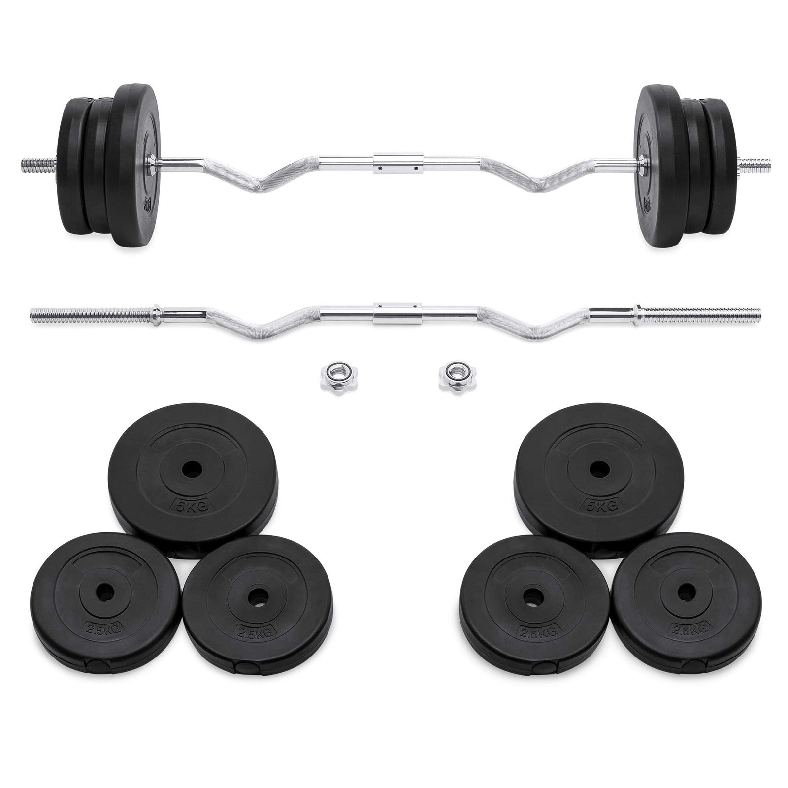 Best Choice Products 55lb 1in EZ Curl Bar Barbell Weight Set w/ 2 Lock Clamp Collars, 6 Plates - Silver/Black