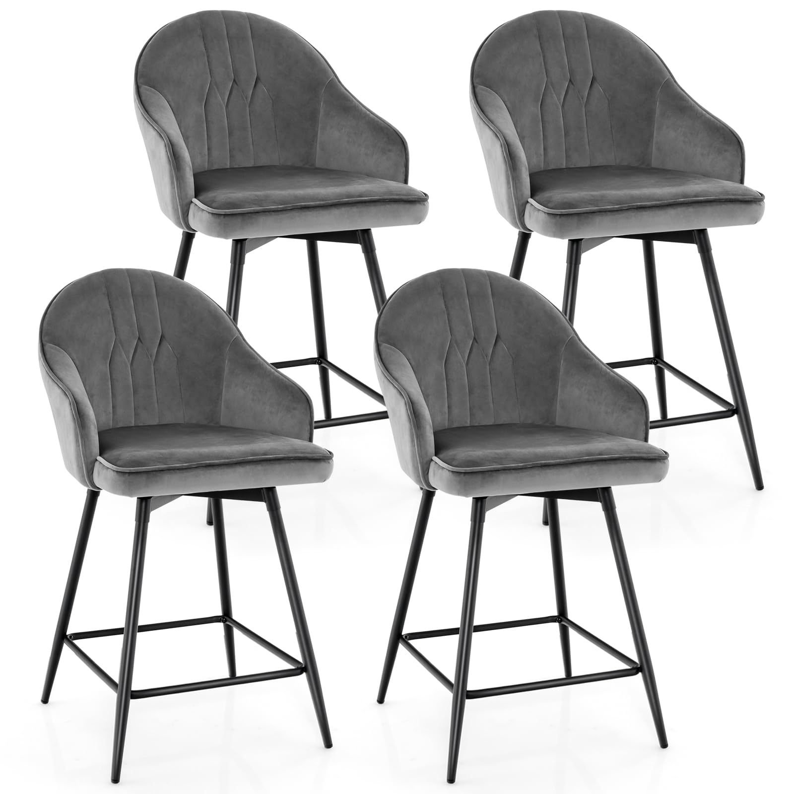 COSTWAY Bar Stools Set of 4, 360-degree Swivel Stools, 24'' Counter Height Velvet Upholstery Bar Chairs with Steel Legs & Footrest, Modern Low Back Bar Chairs for Kitchen, Pub, Bistro, Grey (4, 24'')