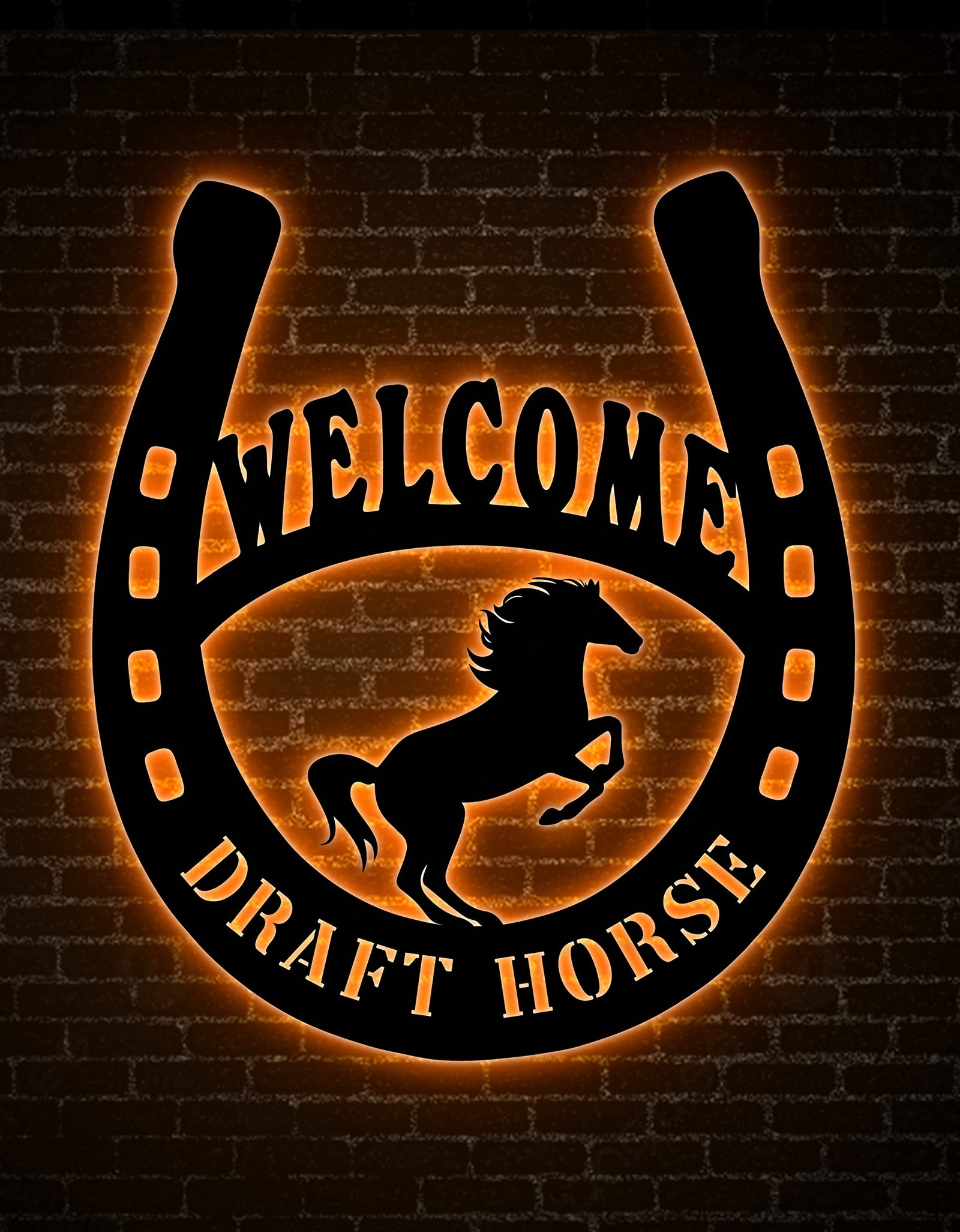 Draft Horse Horseshoe Welcome Metal Sign LED Lights, Personalized Horse Ranch Sign, Farmhouse Décor