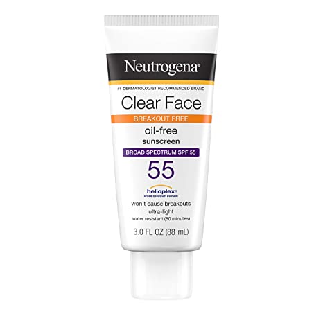 Neutrogena Clear Face Liquid Lotion Sunscreen for Acne-Prone Skin, Broad Spectrum SPF 55, 50, or 30 with Helioplex Technology, 3 Fl Ounce