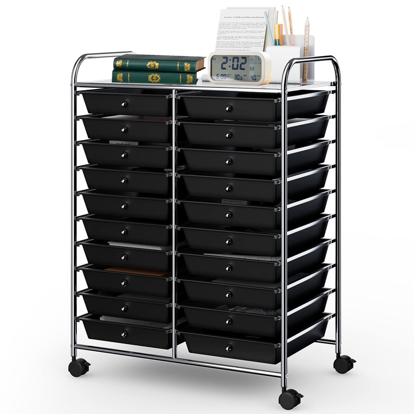 COSTWAY 20-Drawer Rolling Storage Cart, Utility Storage Organizer Cart for Tools, Scrapbook, Paper, Craft, Multipurpose Storage Trolley on Wheels for Home Office School (Black)