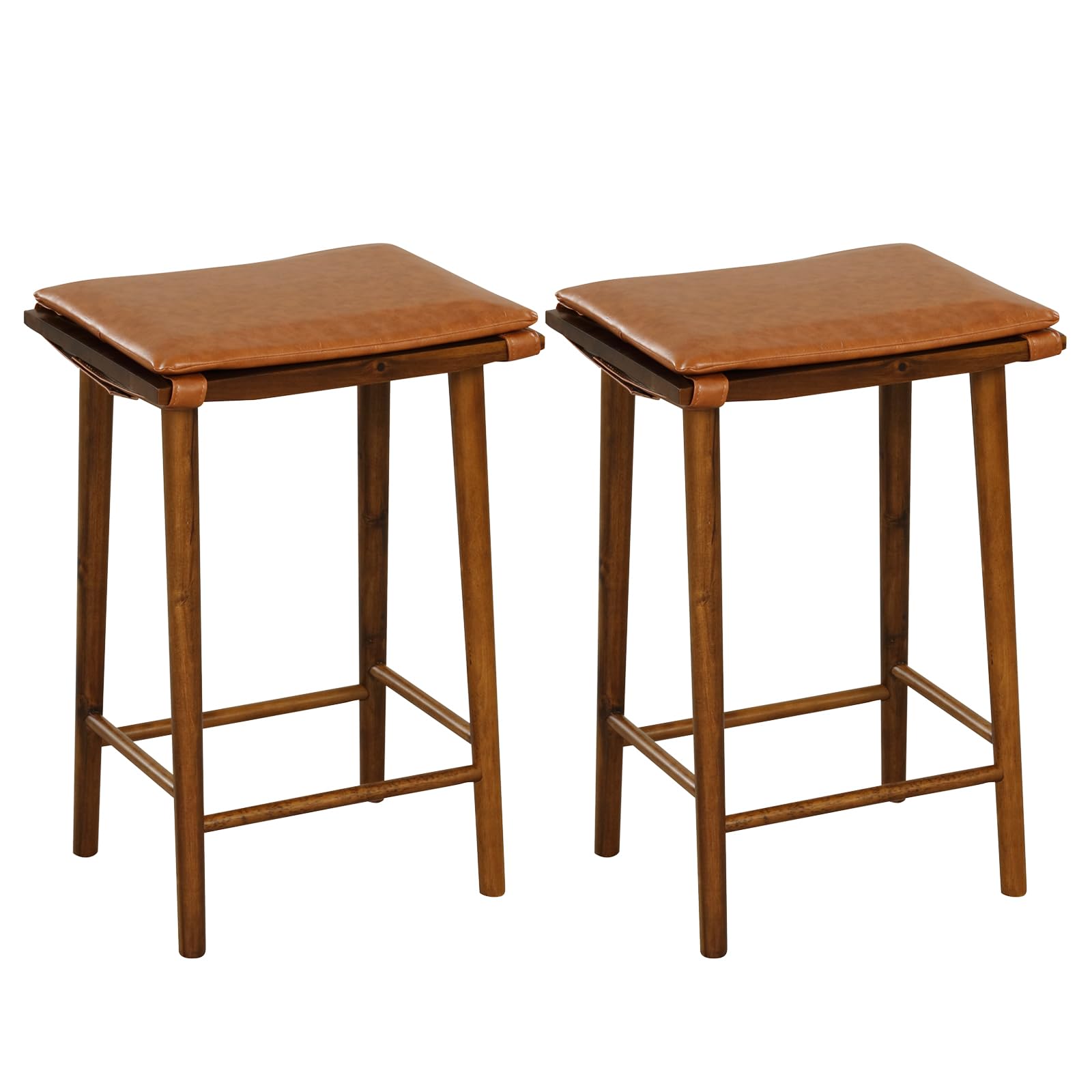 COSTWAY Rustic Bar Stools Set of 2, 25.5-inch Height Backless Stool with Footrest, Removable PU Leather Cushion, Rubber and Acacia Wood Frame, Counter Dining Chairs for Kitchen Island Pub Cafe, Brown