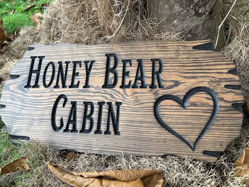 Very Wood Basement - Outdoor Camp & Custom Wood Sign - Pine Trees Wooden Carved Cabin - High-Quality Handmade Mountain Home - Rustic Home Personalized Sign (Heart Design)