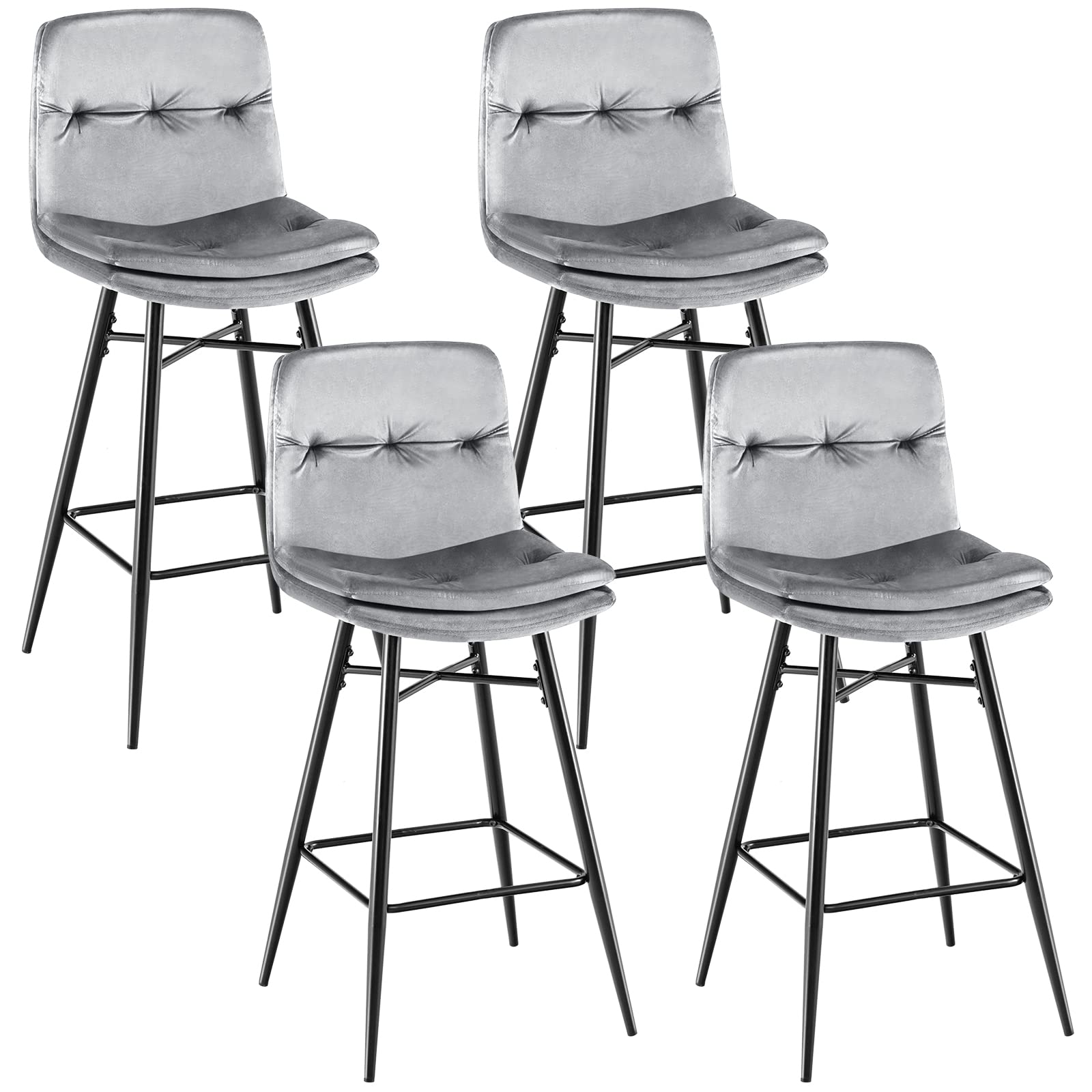 COSTWAY Bar Stools Set of 4, 28.5Ó Velvet Bar Height Chairs with Tufted Back, Metal Footrests and Legs, Modern Upholstered High Bar Chairs for Kitchen Counter, Home Bar, Kitchen Island (4, Grey)