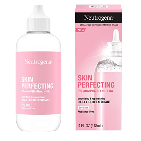 Neutrogena Skin Perfecting Daily Liquid Facial Exfoliant with 7% AHA/PHA Blend + HA to Smooth, Exfoliate & Replenish Dry Skin, Leave-On Face Exfoliator, Oil- & Fragrance-Free, 4 fl. oz