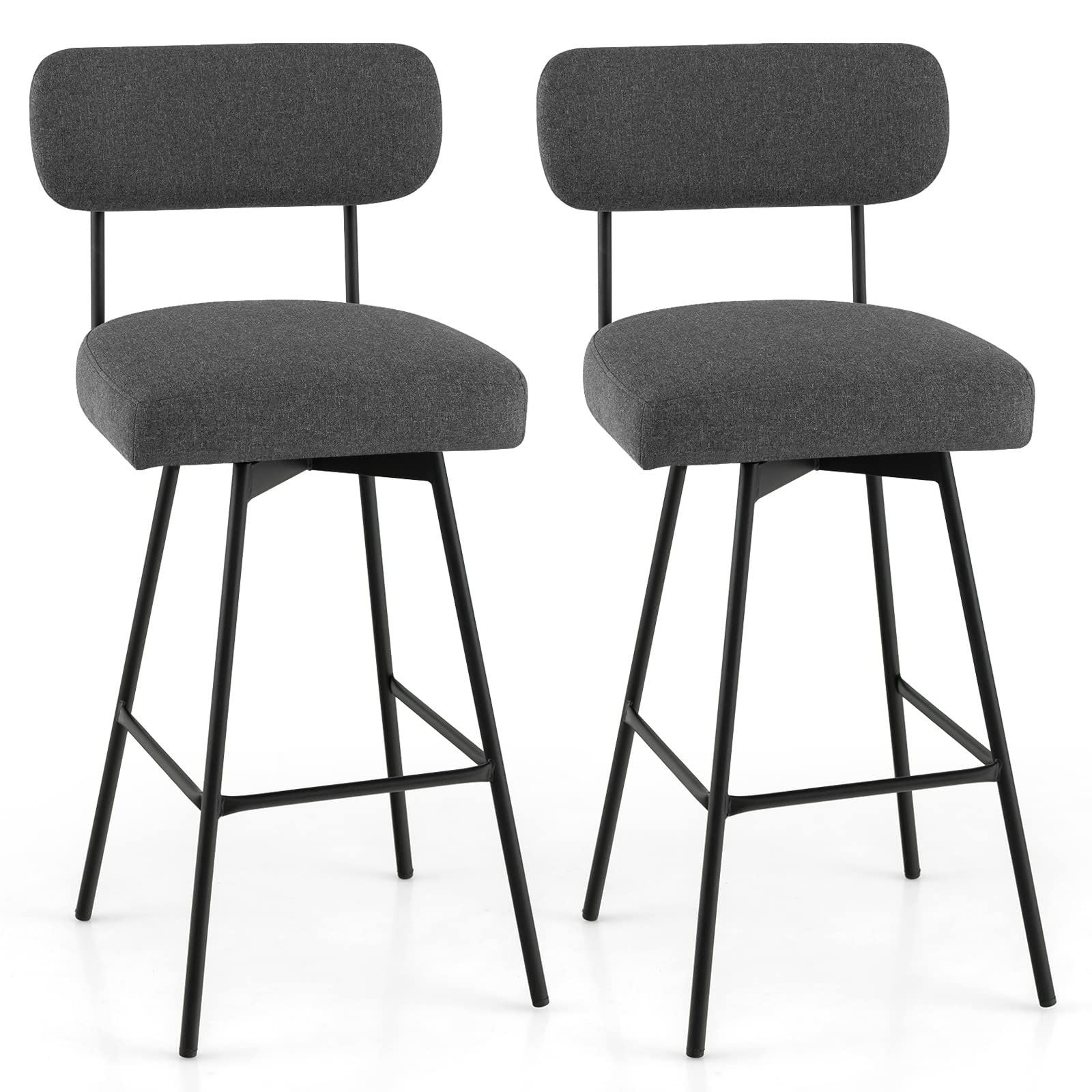 COSTWAY Bar Stools Set of 2, 29Ó Upholstered Bar Height Chairs with Back, 360¡ Swivel Bar Chairs with Heavy-Duty Metal Legs and Footrests, Fabric Seat for Kitchen Island, Dining Room, Bar (2, Grey)