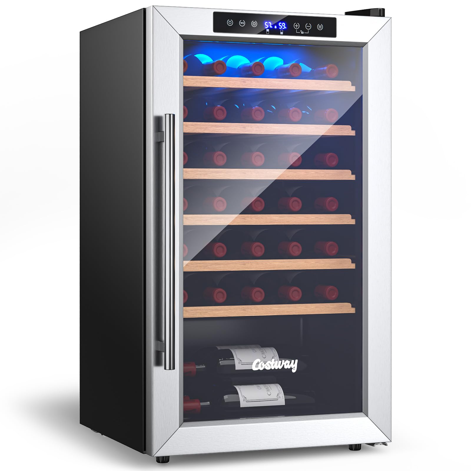 COSTWAY 20 Inch Wine Cooler, 33 Bottles Wine Refrigerator with 2-Layer Tempered Glass Door & Dual Alarm Function, 41-61.5¡F Temp Control, Built-In or Freestanding Mini Wine Fridge