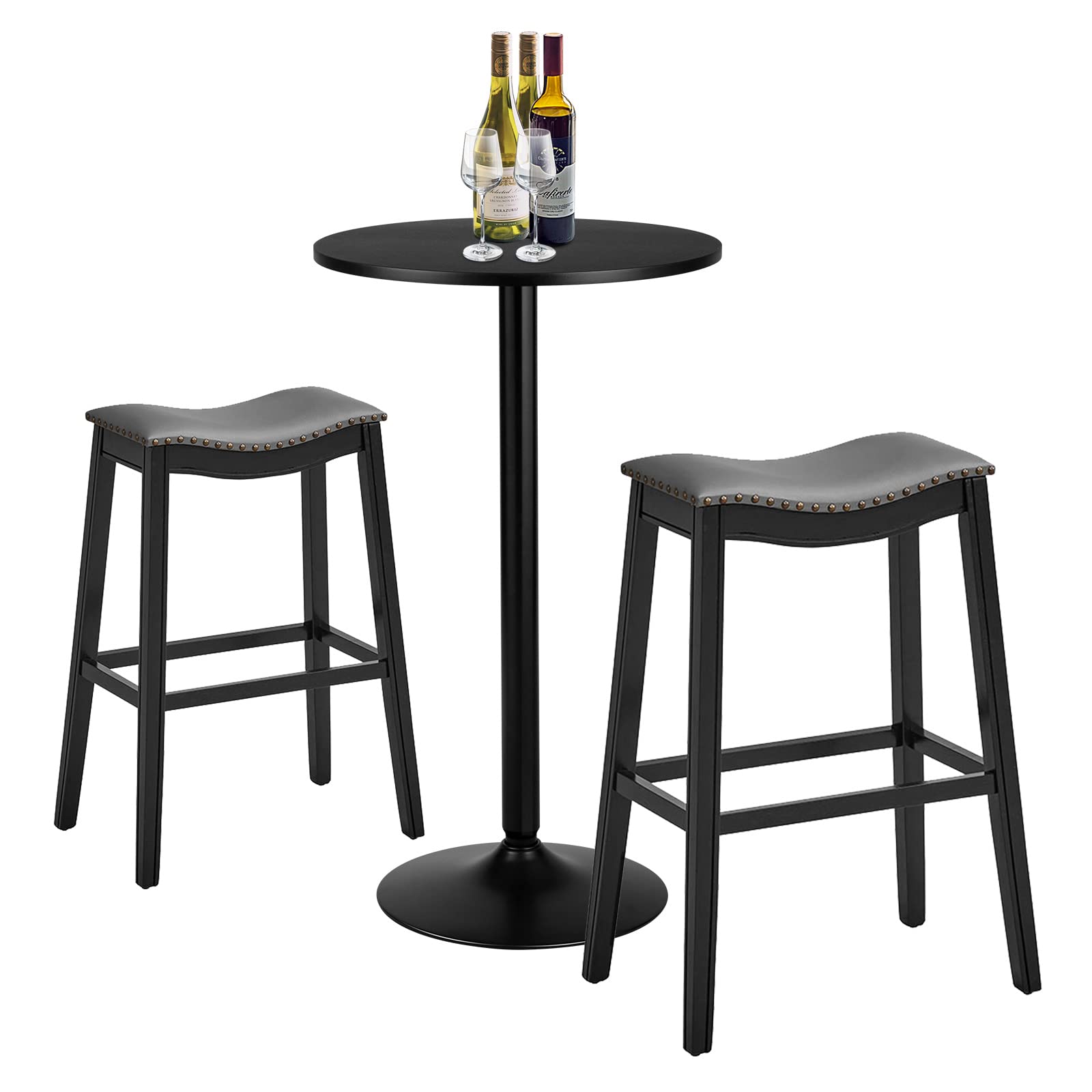 COSTWAY 3 Pieces Bar Table and Chair Set, Bar Height Dining Table with 2 Saddle Stools for Breakfast, Kitchen Pub Bar Table Set for Small Spaces, Living Room, Easy Assembly, Black and Gray