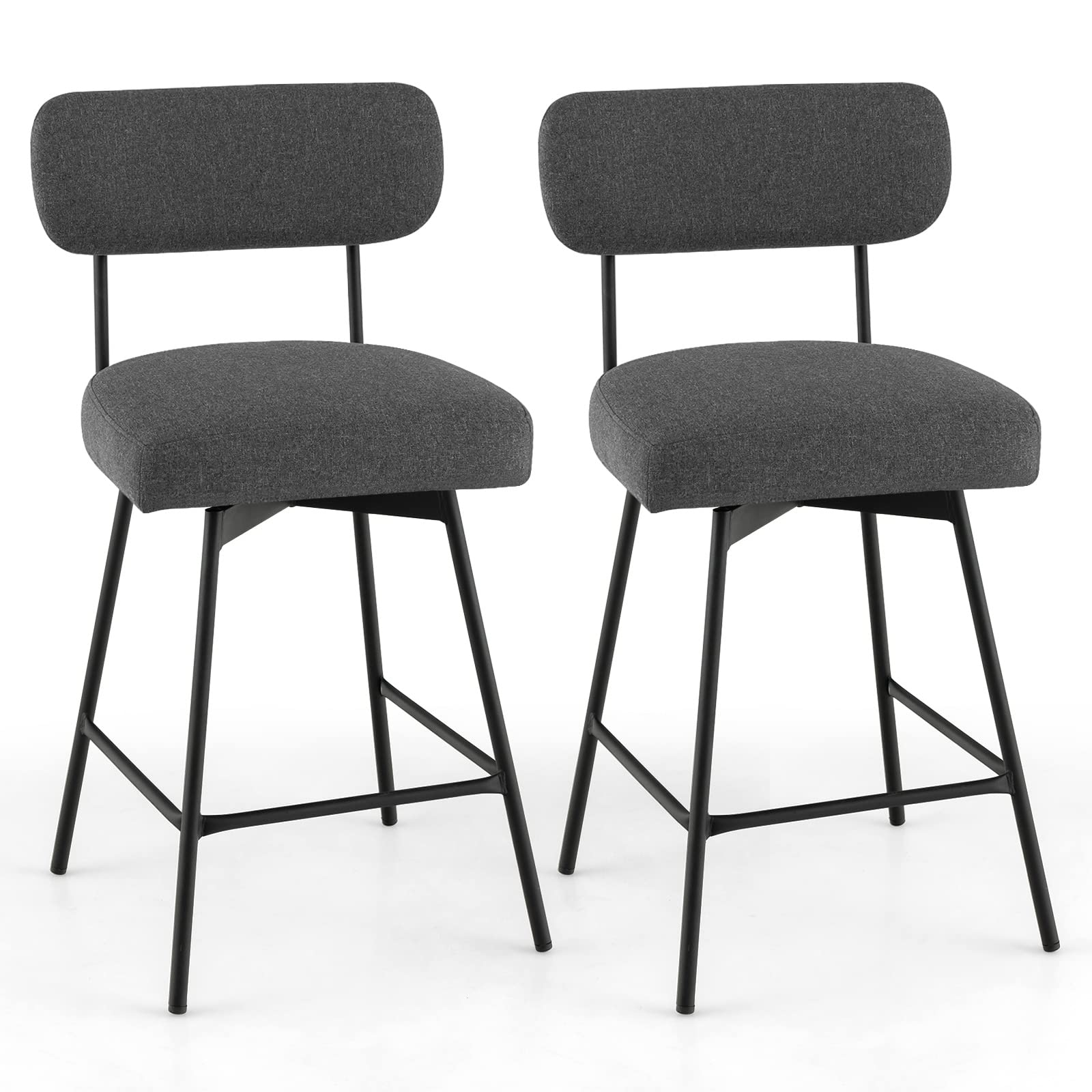 COSTWAY Bar Stools Set of 2, 25Ó Upholstered Counter Height Bar Stools with Back, 360¡ Swivel Dining Chairs with Heavy-Duty Metal Legs and Footrests, for Kitchen Island, Dining Room, Bar (2, Grey)