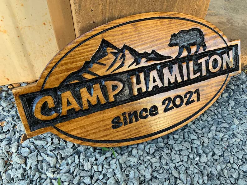 Very Wood Basement - Outdoor Camp & Custom Wood Sign - Pine Trees Wooden Carved Cabin - High-Quality Handmade Mountain Home - Rustic Home Personalized Sign (Oval Shaped Design)