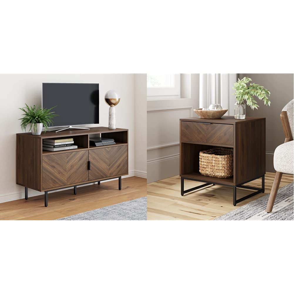 Nathan James Izsak Wood Media Console, TV Stand, Walnut Brown/Black & Kensi Nightstand Side Accent or End Table with Storage, Walnut/Black