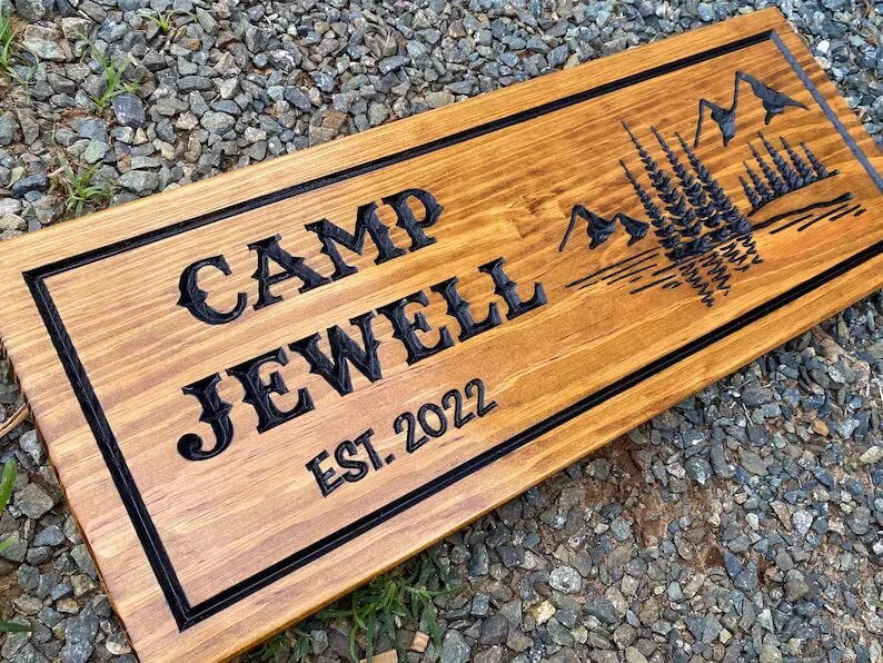 Very Wood Basement - Outdoor Camp & Custom Wood Sign - Pine Trees Wooden Carved Cabin - High-Quality Handmade Mountain Home - Rustic Home Personalized Sign (Mountain and Trees)