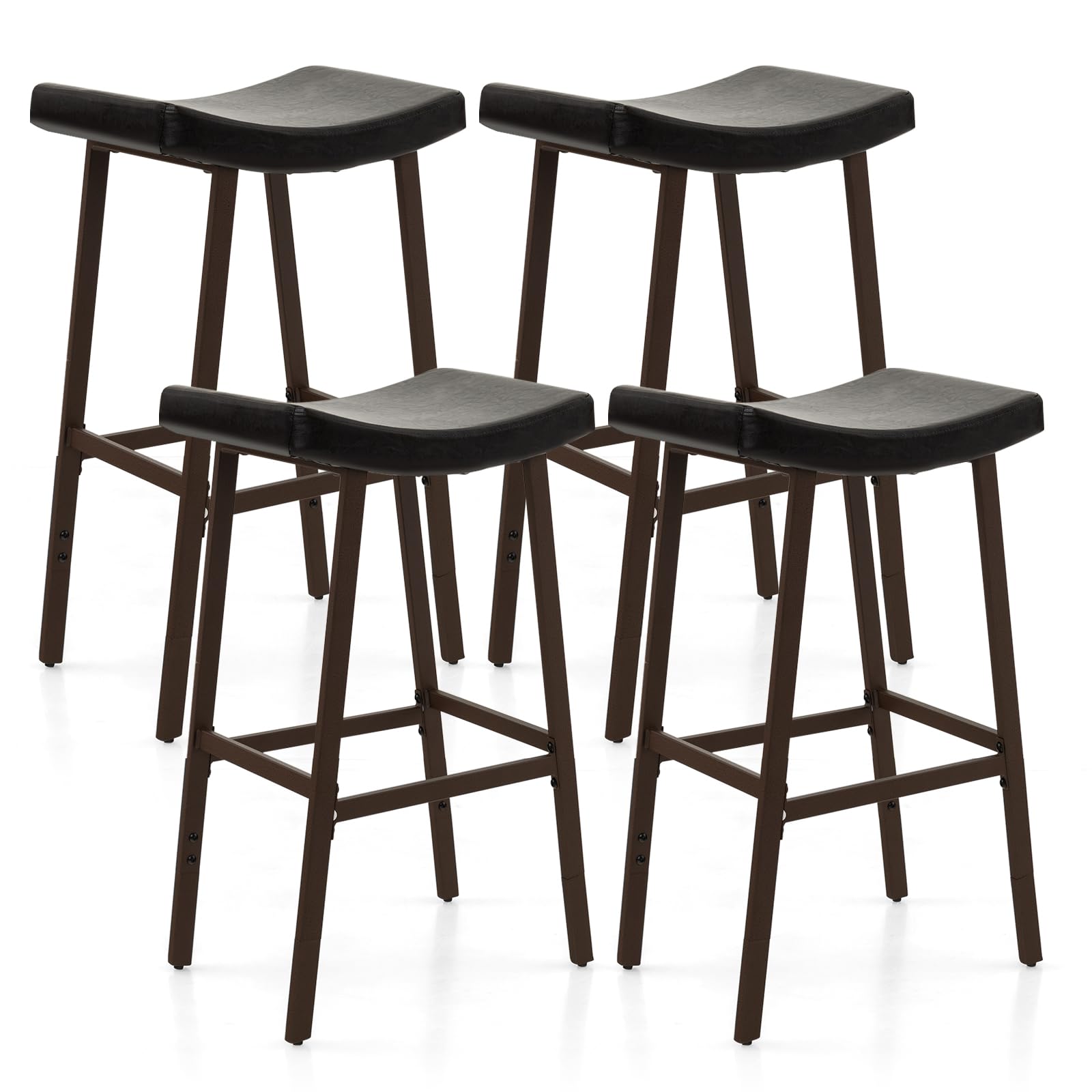 COSTWAY Saddle Stools Set of 4, 25"/30" Height Adjustable Bar Stools with PU Leather Upholstered Seat, Footrest, Heavy-Duty Metal Frame, Max Load 350 Lbs, Barstools for Kitchen Island Home Bar, Brown