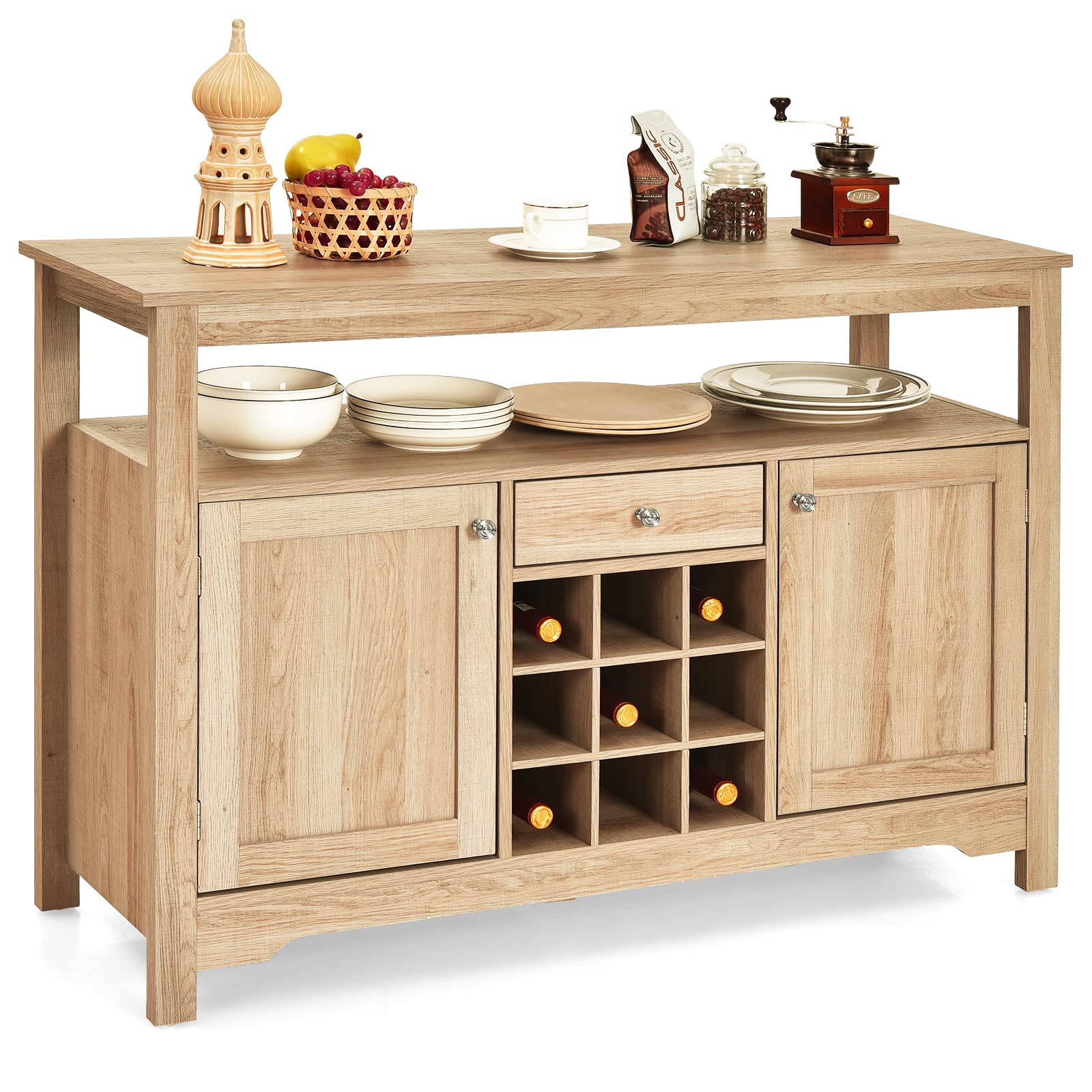 COSTWAY Buffet Cabinet Storage Sideboard, Server Console Table, Kitchen Cupboard Table with 2 Cabinets, Wine Rack & Open Shelf, 46 x 16 x 31.5 inches, Coffee Bar Cabinet for Entryway, Living Room