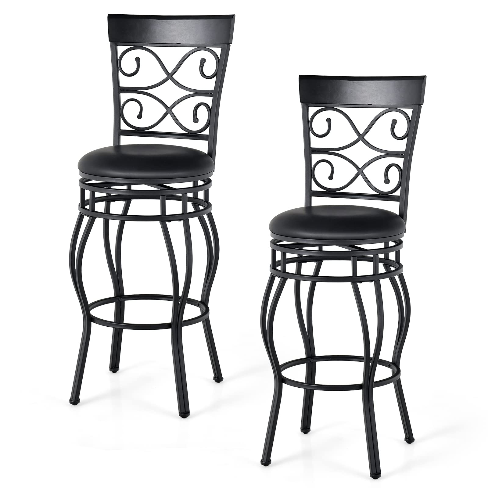 COSTWAY Bar Stools Set of 2, 360 Degree Swivel, 30" Bar Height Bar Stools, Leather Padded Seat Bistro Metal Bar Chairs with Back for Kitchen Island, Pub (Set of 2)