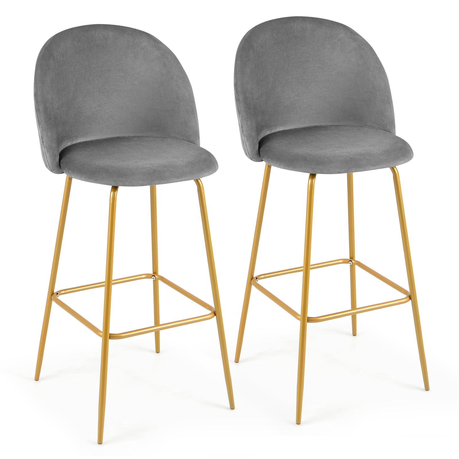 COSTWAY Bar Stools Set of 2, 29Ó Velvet Upholstered Bar Height Stools with Curved Backs & Padded Seats, Gold-Tone Metal Legs & Footrests, Modern Bar Chairs for Kitchen Island, Home Bar (2)