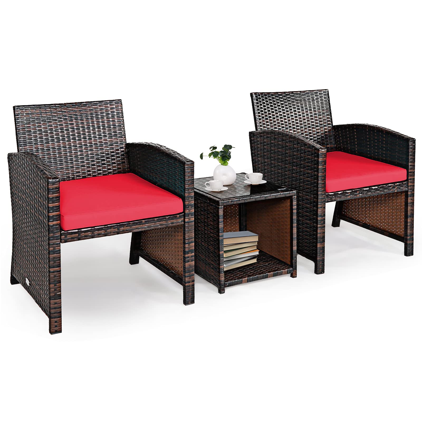 COSTWAY 3PCS Patio Rattan Wicker Furniture Cushion Sofa Coffee Table Red