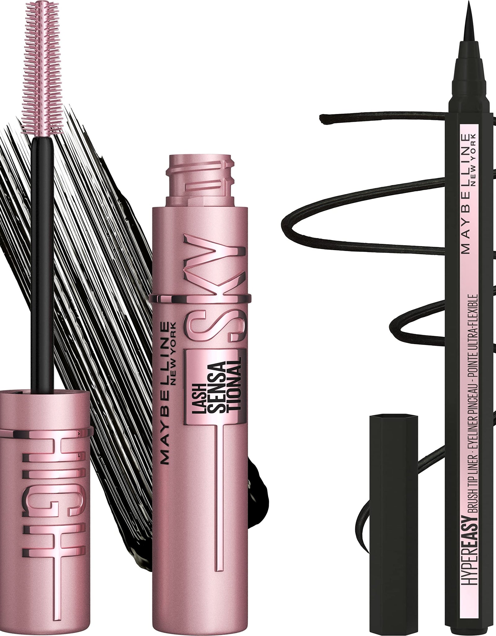 Maybelline Lash Sensational Sky High Washable Mascara + Hyper Easy Liquid Eyeliner Makeup Bundle, Includes 1 Mascara in Blackest Black and 1 Eyeliner in Pitch Black