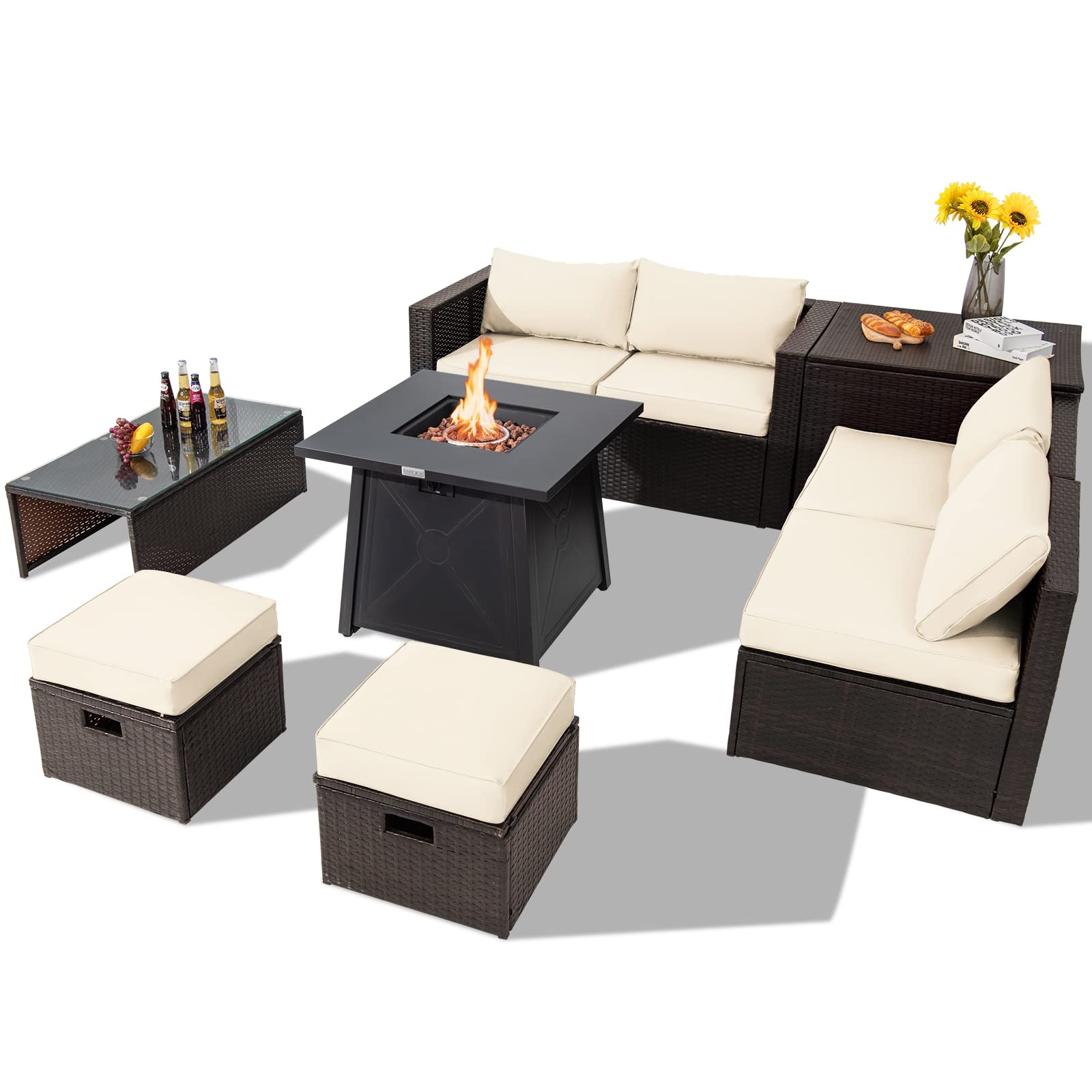 COSTWAY 9PCS Patio Rattan Furniture Set Space Saving 30" Fire Pit Table Off White Cover