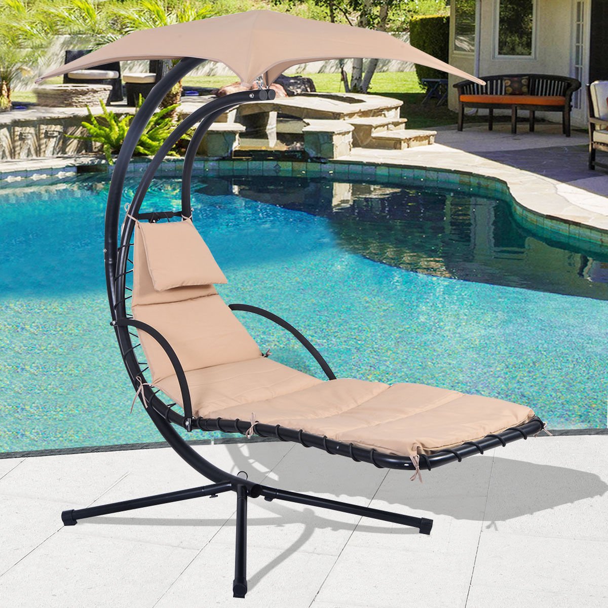 Hanging Chaise Lounger Chair Arc Stand Air Porch Swing Hammock Chair Canopy Comes with A Sturdy 0.2” Diameter Thick Galvanized Metal Chain