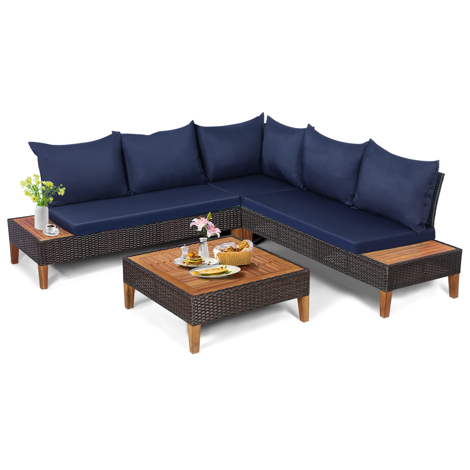 COSTWAY 4PCS Patio Rattan Furniture Set Cushioned Loveseat w/Wooden Side Table Navy