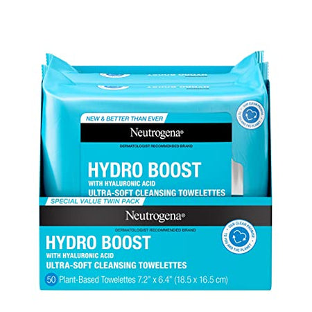 Neutrogena Facial Cleansing Makeup Remover Wipes with Hyaluronic Acid Hydrating Premoistened Face Towelettes, Twin Pack 25 ct, Hydro boost, 50 Count