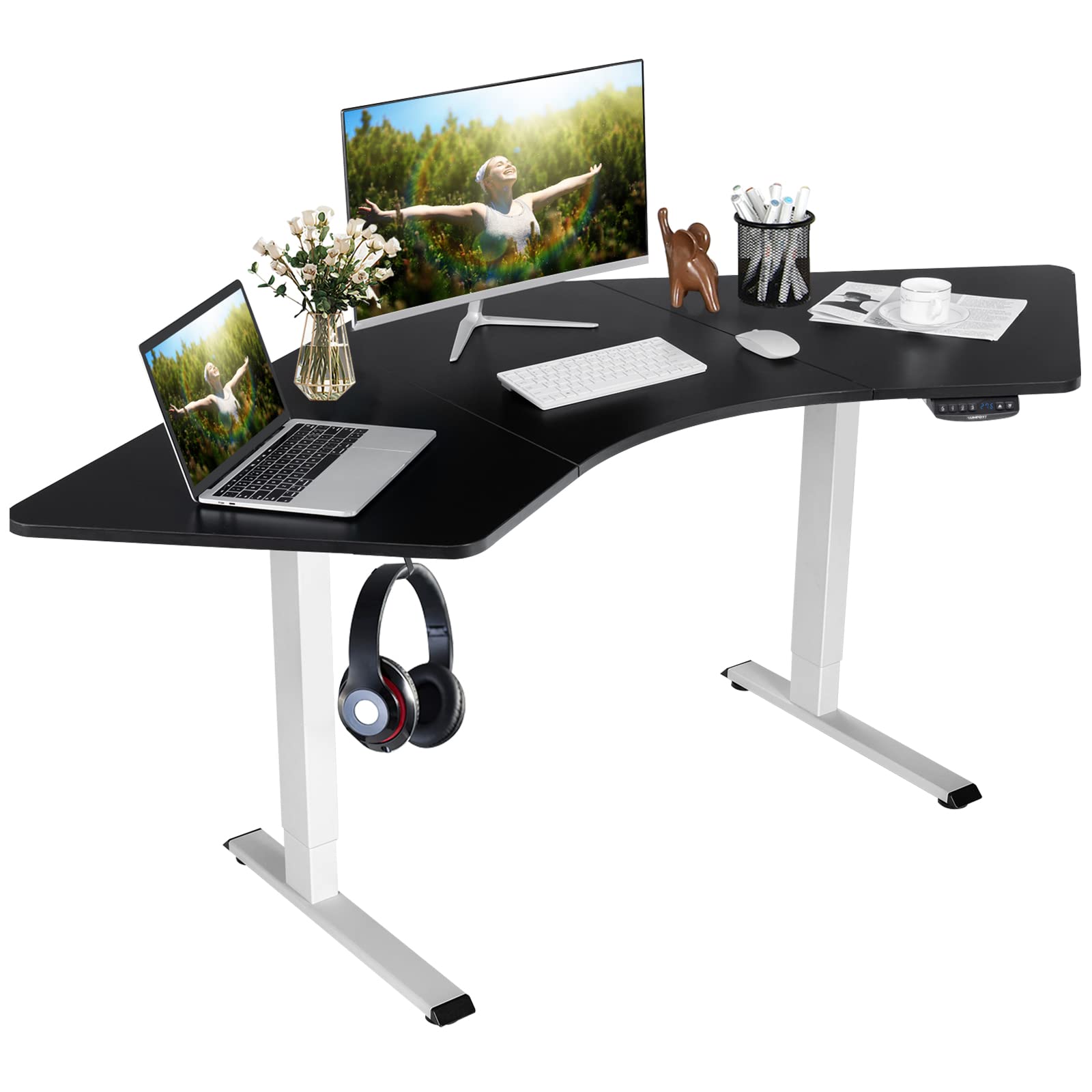 COSTWAY Dual-Motor L Shaped Standing Desk, Ergonomic Sit Stand Computer Workstation with Hook & Cable Tray, Touch Control Panel, Electric Height-Adjustable Corner Desk for Home Office (White + Black)