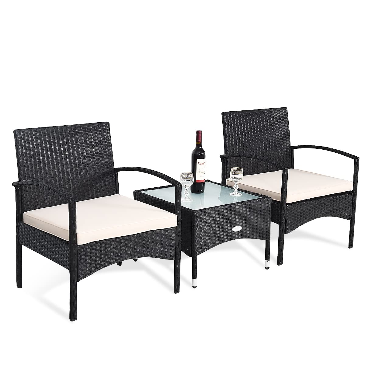 COSTWAY 3 PCS Patio Wicker Rattan Furniture Set Coffee Table & 2 Rattan Chair W/White Cushion