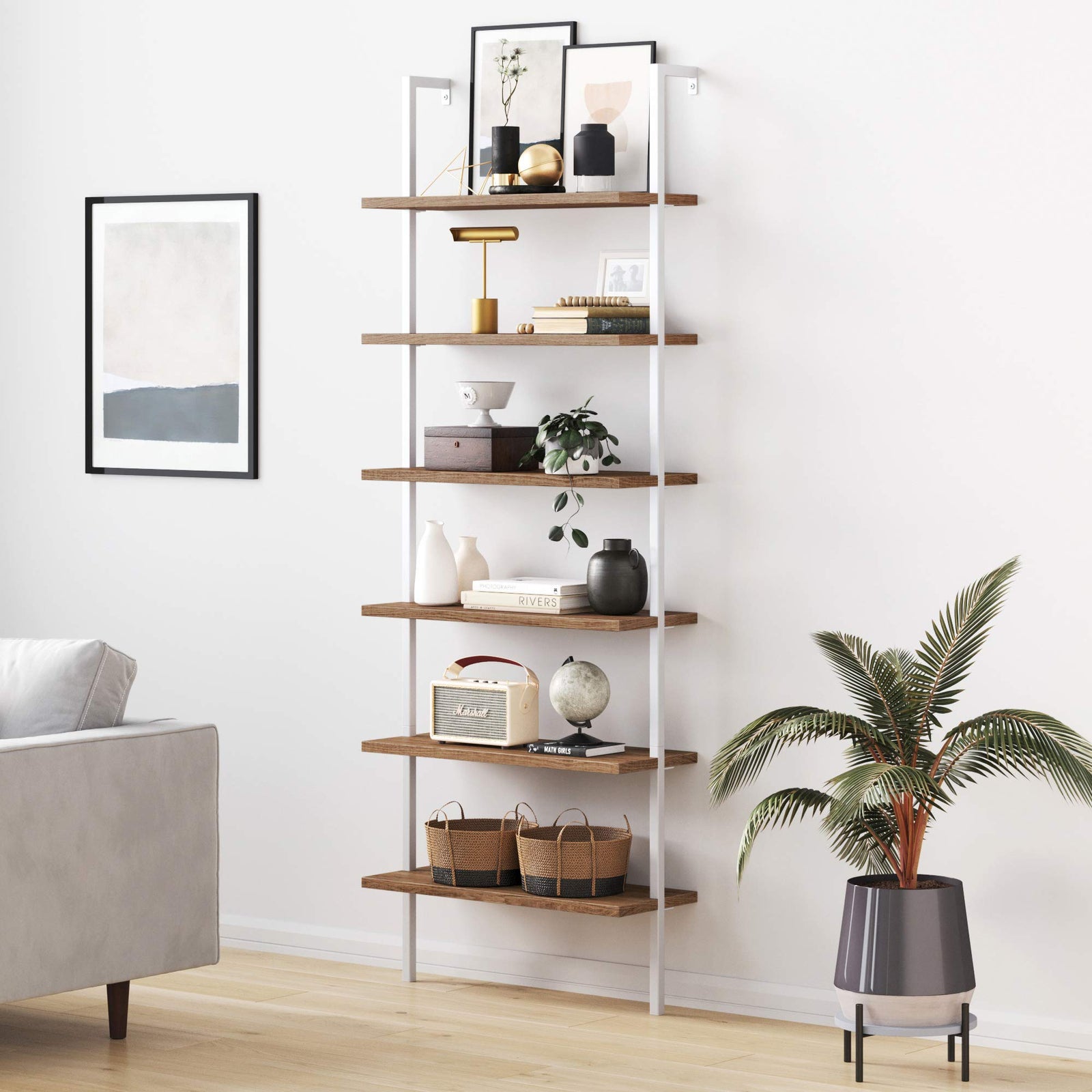 Nathan James Theo 6-Shelf Tall Bookcase, Wall Mount Bookshelf with Natural Wood Finish and Industrial Metal Frame, Rustic Oak/White