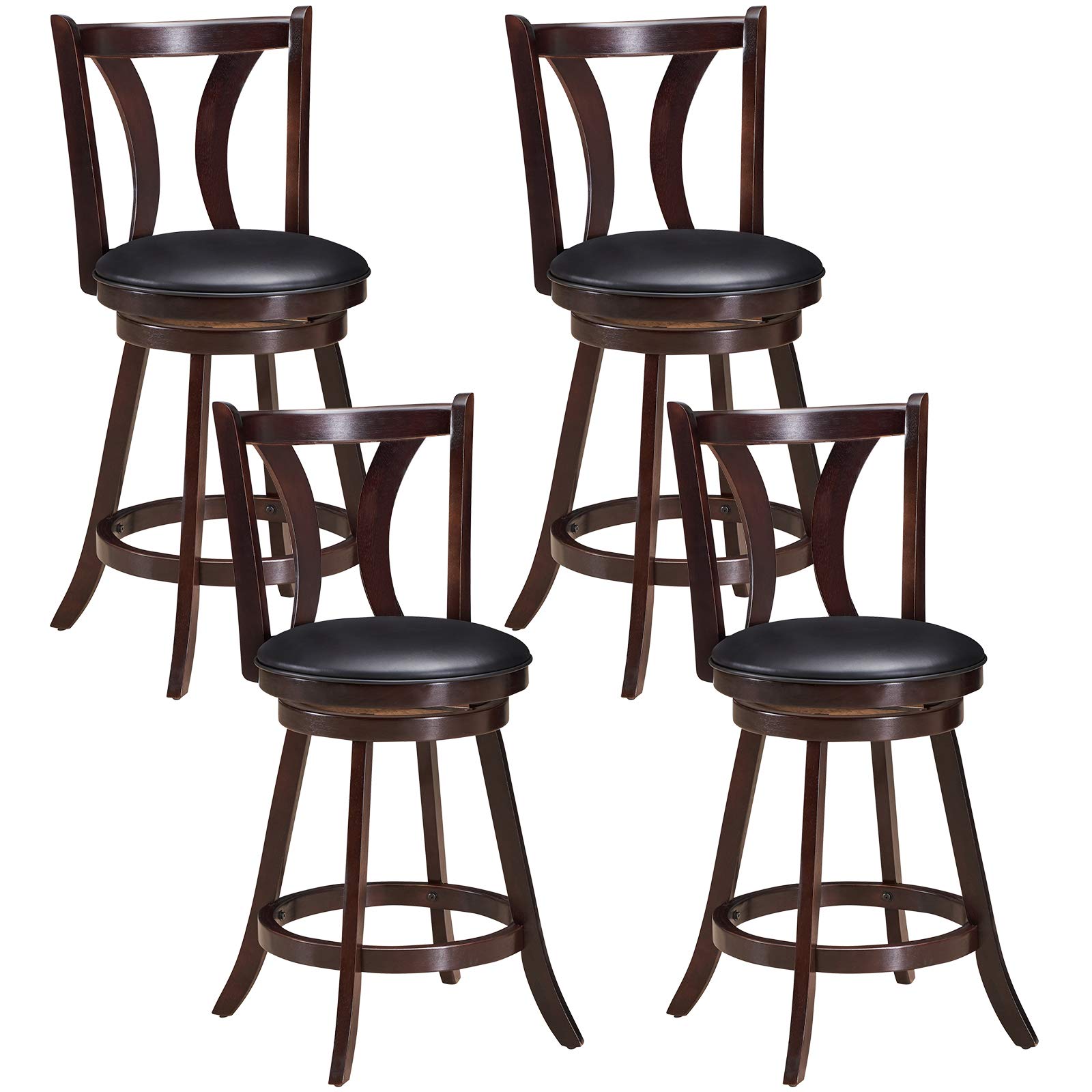 COSTWAY Bar Stools Set of 4, 360-Degree Swivel Stools with Leather Padded Seat, Single Slat Back & Solid Rubber Wood Legs, Counter Height Stools for Pub, Restaurant, Kitchen, Brown (4)