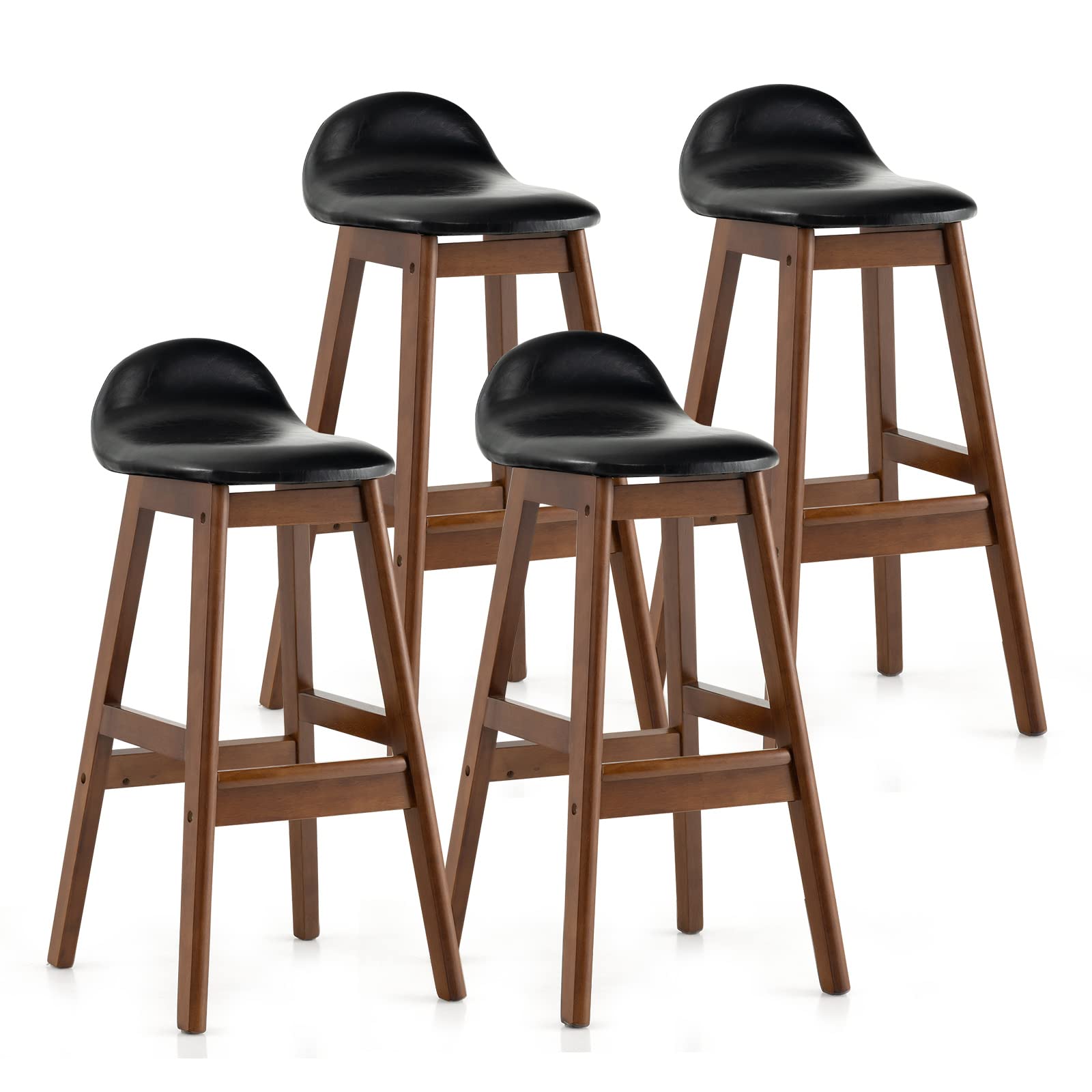 COSTWAY Bar Stools Set of 4, 27.5 inch Counter Height Bar Stools with Upholstered PU Leather, Padded Seat & Back Cushion, Rubber Wood Legs, Mid-Century Farmhouse Stools for Bar, Kitchen Island (4)