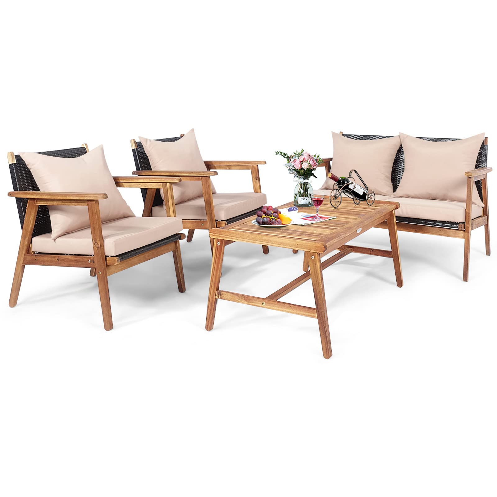 COSTWAY 4PCS Patio Rattan Furniture Set Acacia Wood Frame Cushioned Sofa Chair Garden