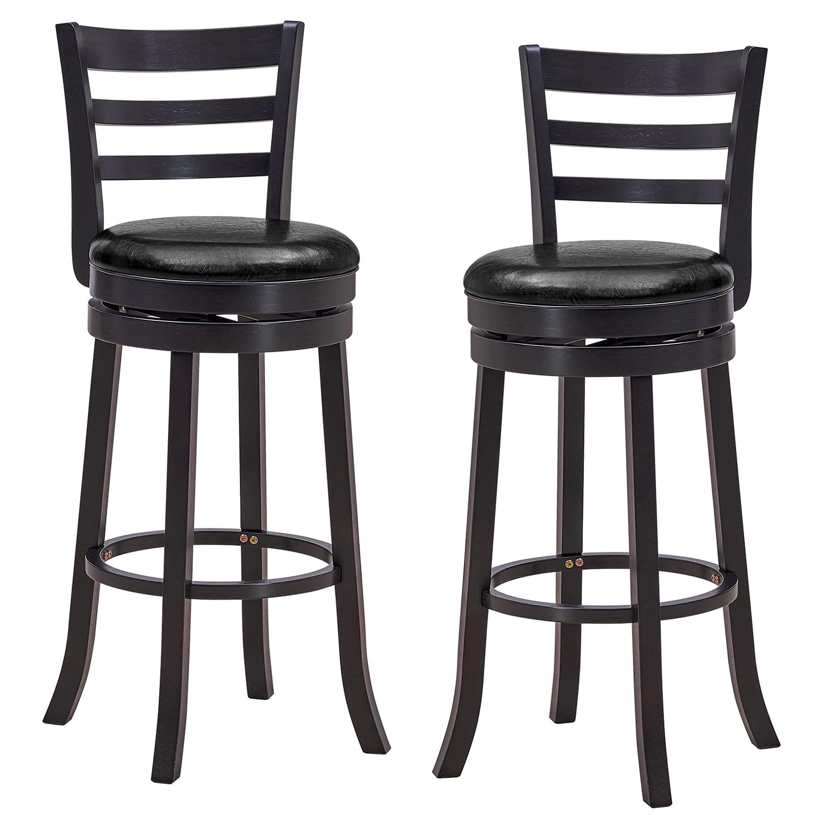 COSTWAY Bar Stools, 360-Degree Swivel Bar Chairs with PU Upholstered Seats, Solid Rubber Wood Backrests, Footrests & Legs, Bar Height Stools with Backs for Kitchen, Bar, Cappuccino (2)