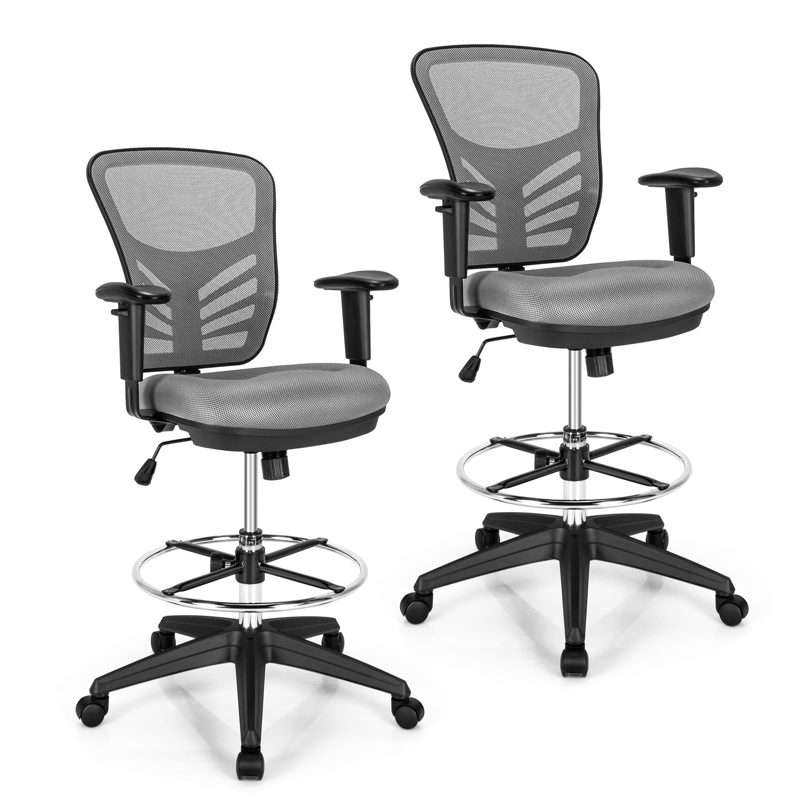 COSTWAY Ergonomic Drafting Chair Set of 2, Mesh Back Tall Computer Office Chair w/Adjustable Footrest, Flip up Armrests, Height Adjustable Standing Desk Chair for Home Office, Grey