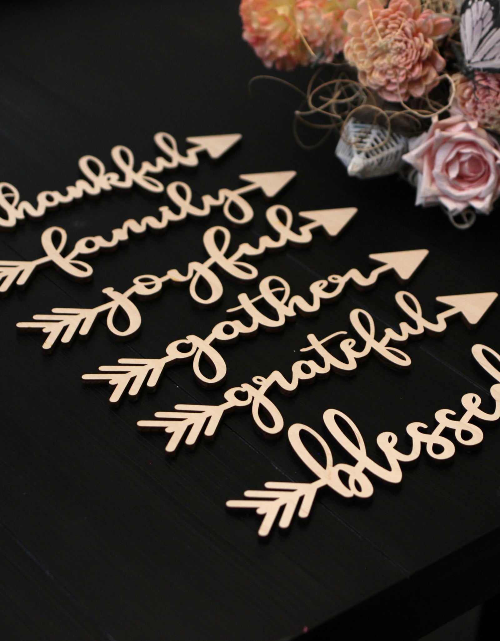 Thanksgiving Word Cutout Table Decor, Boho Wooden Gather, Thankful, Blessed, Grateful, Family, Joyful Sign Decor Place Card, Centerpiece