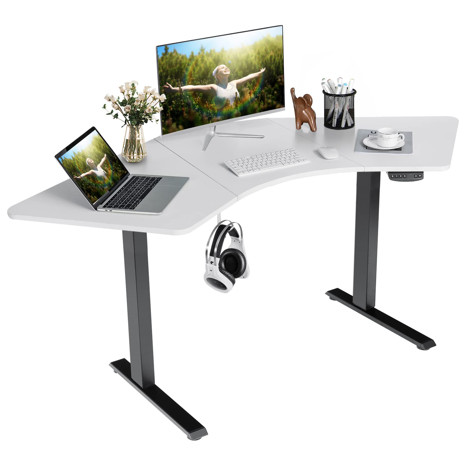 COSTWAY Dual-Motor L Shaped Standing Desk, Ergonomic Sit Stand Computer Workstation with Hook & Cable Tray, Touch Control Panel, Electric Height-Adjustable Corner Desk for Home Office (Black + White)