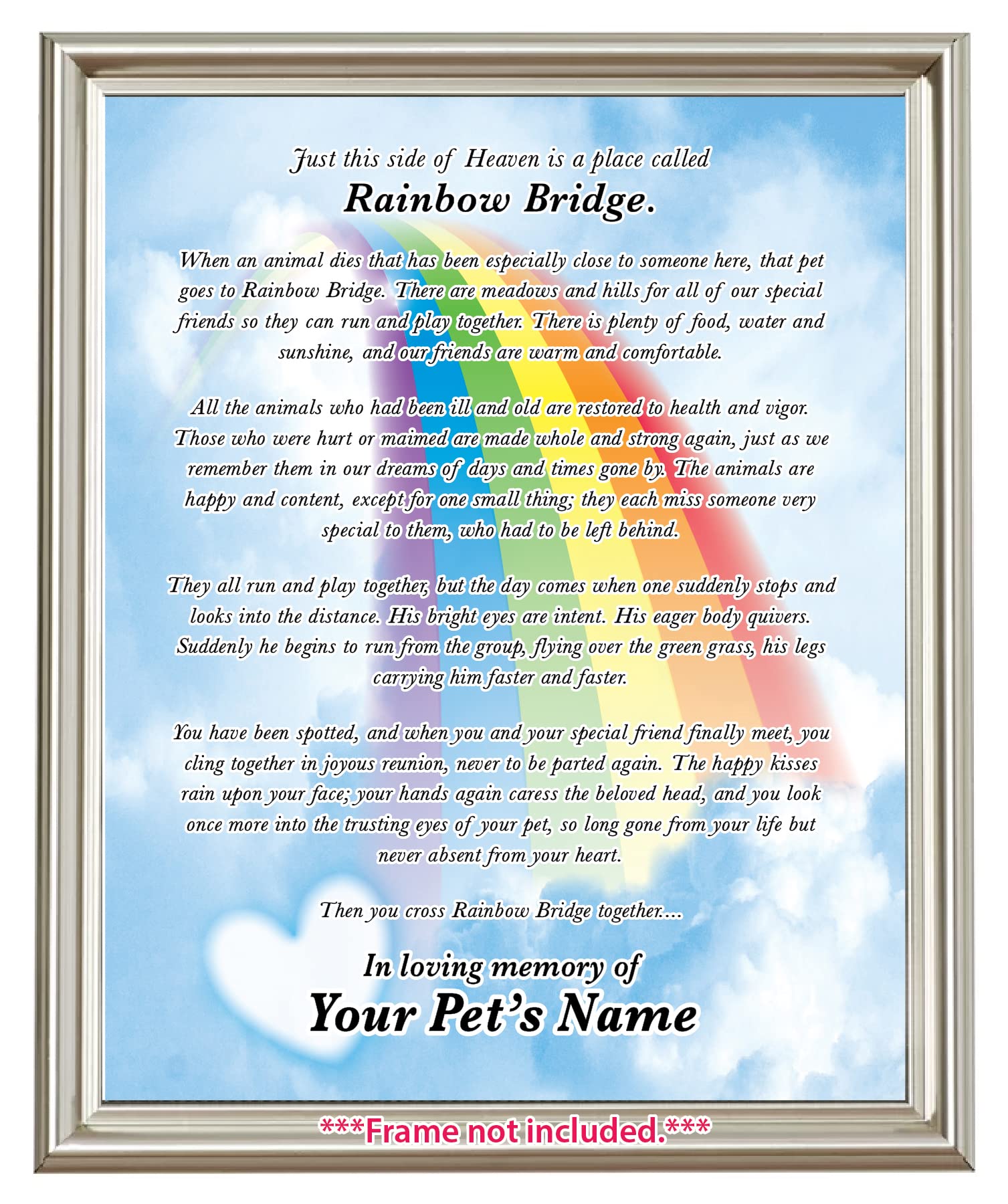 Personalized Rainbow Bridge Pet Loss Memorial Poem, Remembrance, Dog, Cat, Rabbit, Guinea Pig, Gift