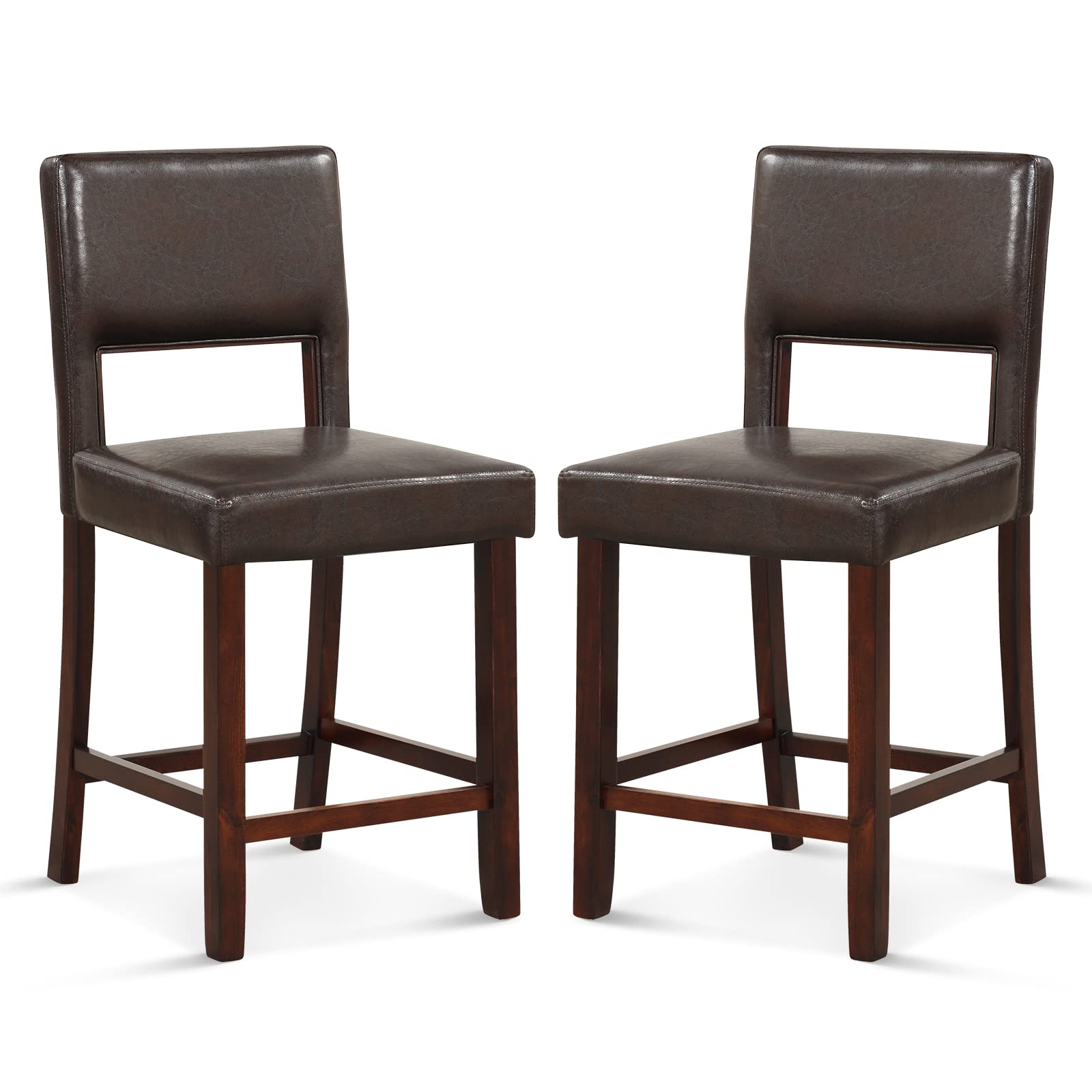 COSTWAY Bar Stools for Kitchen Island, PVC Leather Counter Height Chairs with Hollowed Backs, Rubber Wood Legs, Upholstered Bar Stools for Kitchen Island Home Bar Pub Dining Room (2, Brown)