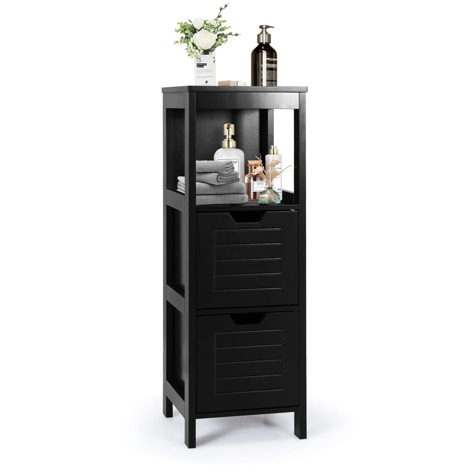 COSTWAY Bathroom Storage Cabinet, Freestanding Wooden Side Storage Cabinet with 2 Adjustable Drawers, Space-Saving Floor Cabinet for Living Room Bathroom Bedroom Entryway (Black)