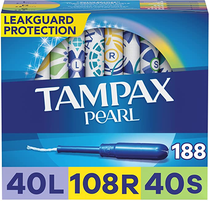 Tampax Pearl Plastic Tampons, Light/Regular/Super Absorbency Multipack, 188 Count