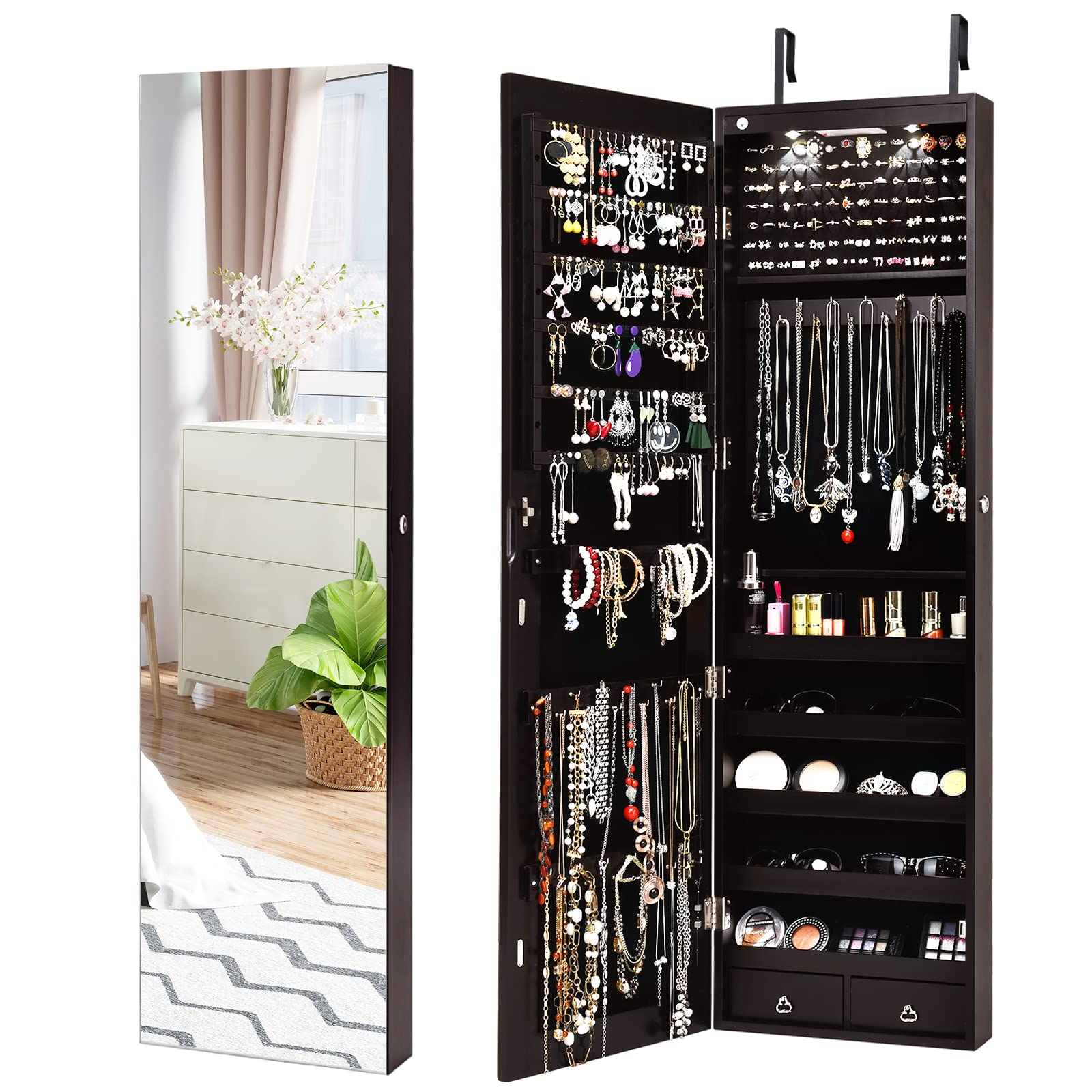 COSTWAY Mirror Jewelry Armoire, Wall Door Mounted Jewelry Organizer w/Full-length Mirror and 2 LED Lights, Lockable Large Capacity Jewelry Cabinet for Earrings, Necklaces, Bracelets (Brown)