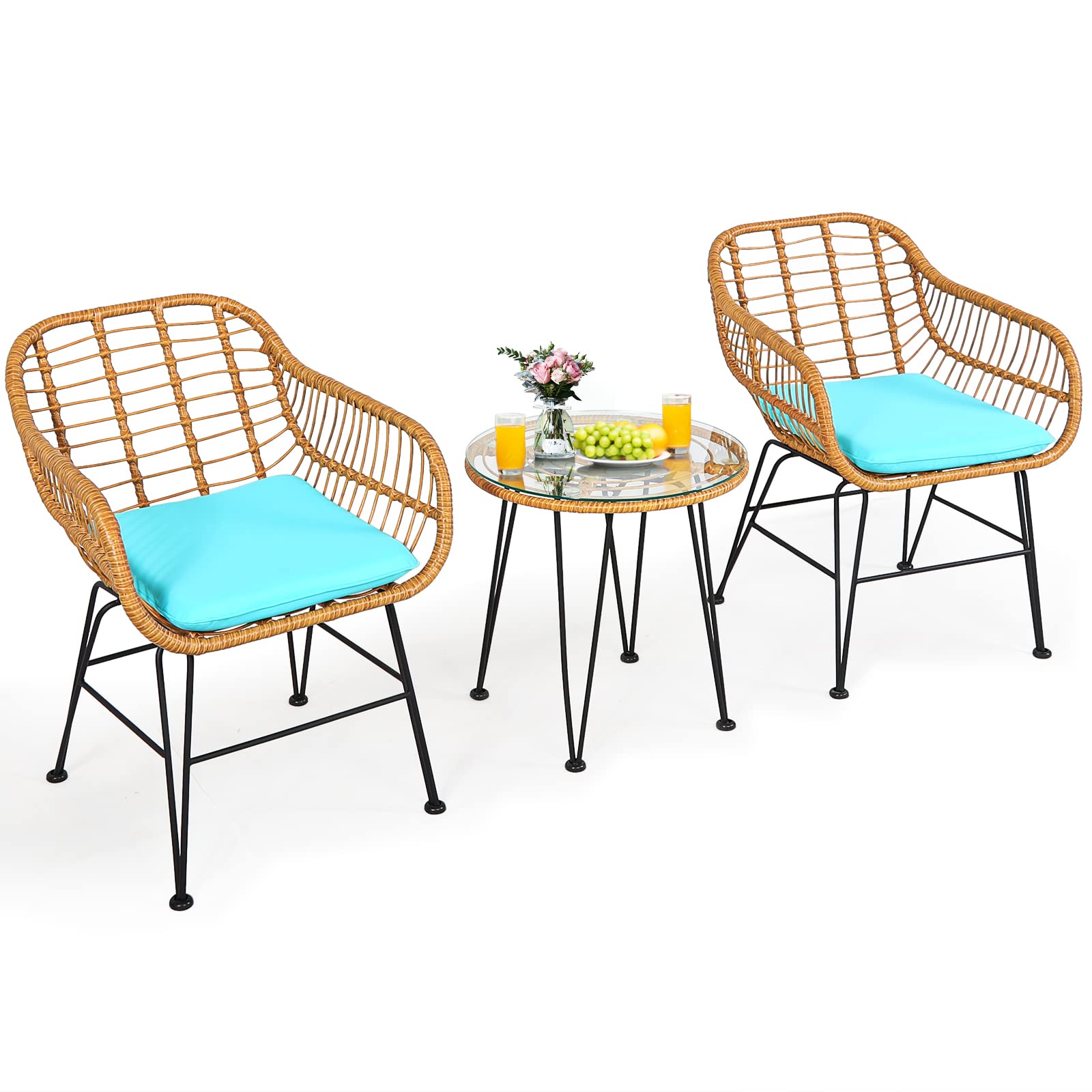 COSTWAY 3PCS Patio Rattan Bistro Furniture Set Cushioned Chair Table Turquoise