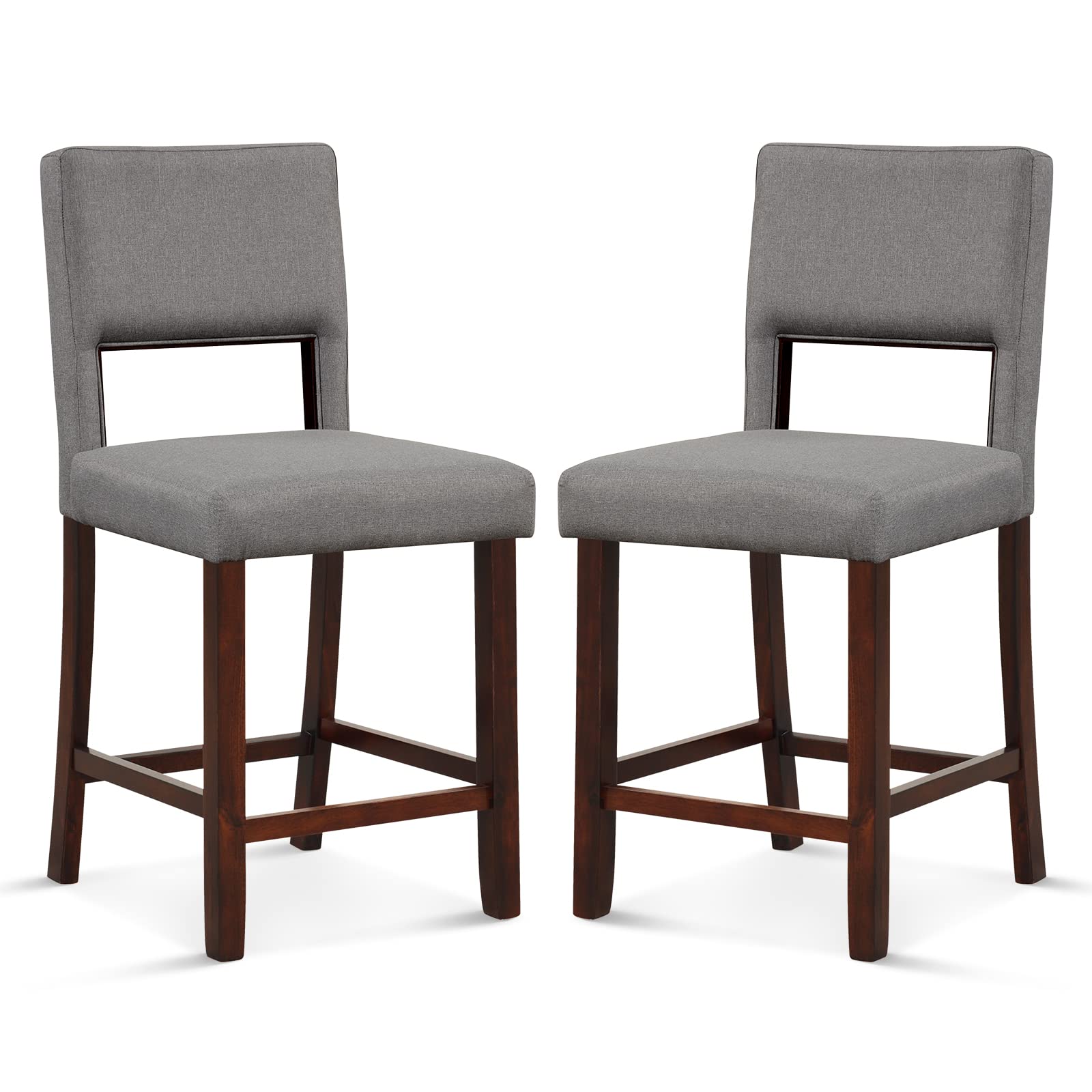 COSTWAY Bar Stools for Kitchen Island, Linen Counter Height Chairs with Hollowed Backs, Rubber Wood Legs, Upholstered Bar Stools for Kitchen Island Home Bar Pub Dining Room (2, Grey+Brown)