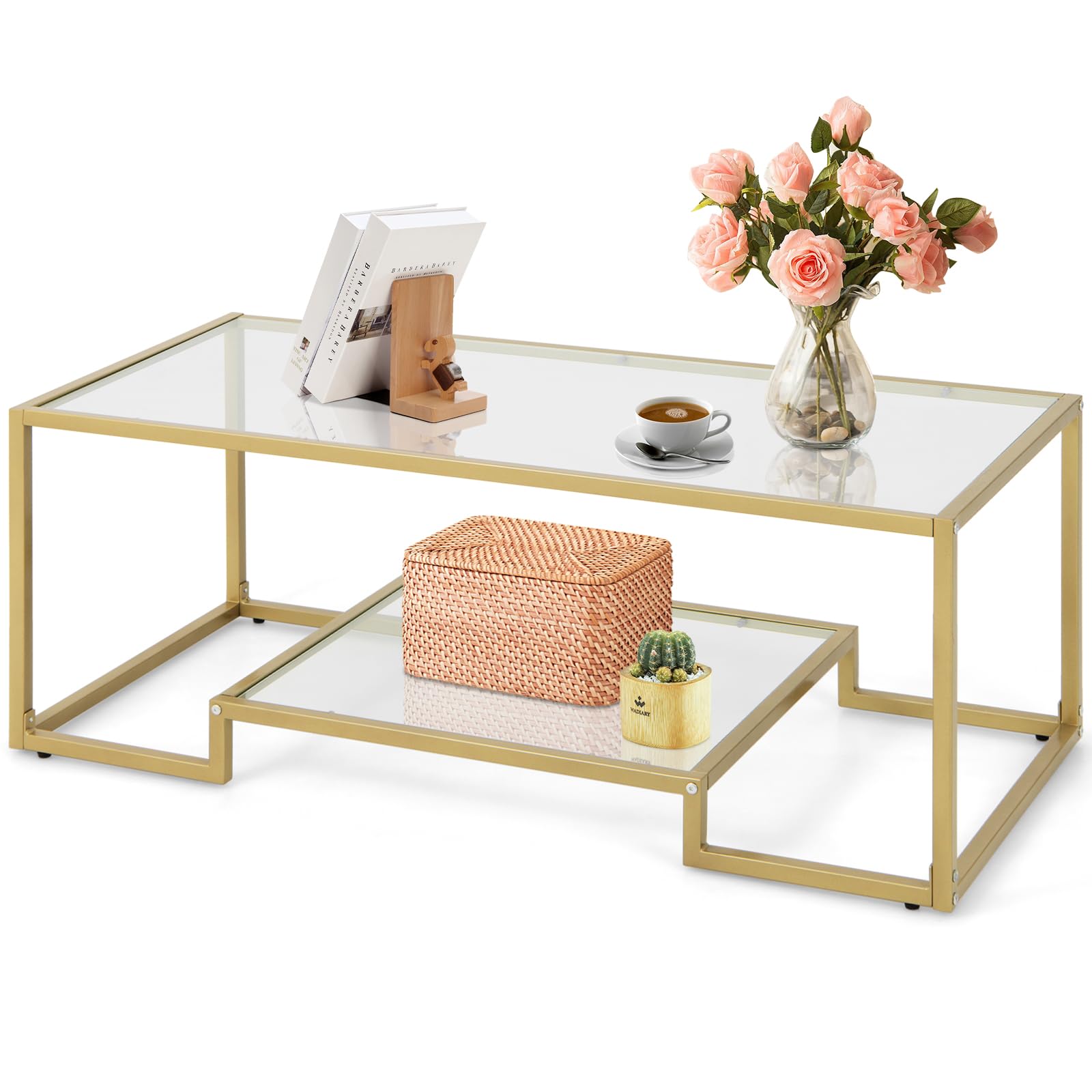 COSTWAY 45Ó Glass Coffee Table, 2-Tier Rectangular Accent Table with Storage Shelf & Golden Metal Frame, Modern Center Tea Table for Living Room Home Office (Gold)