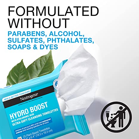 Neutrogena Facial Cleansing Makeup Remover Wipes with Hyaluronic Acid Hydrating Premoistened Face Towelettes, Twin Pack 25 ct, Hydro boost, 50 Count