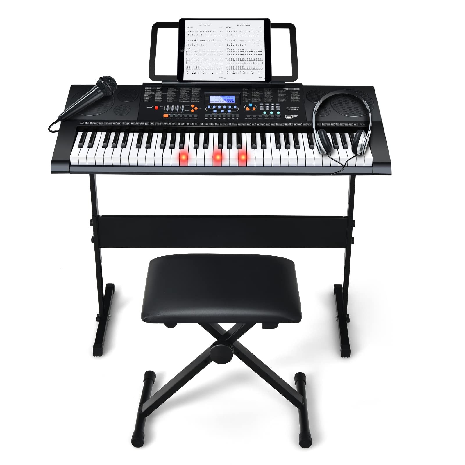 COSTWAY 61-Key Full Size Electric Piano Set, Portable Keyboard w/Lighted Keys, Dual Power Supply, LCD Screen, Headphone, Microphone, Adjustable Stand & Bench, 2-Step Teaching, Beginners Keyboard