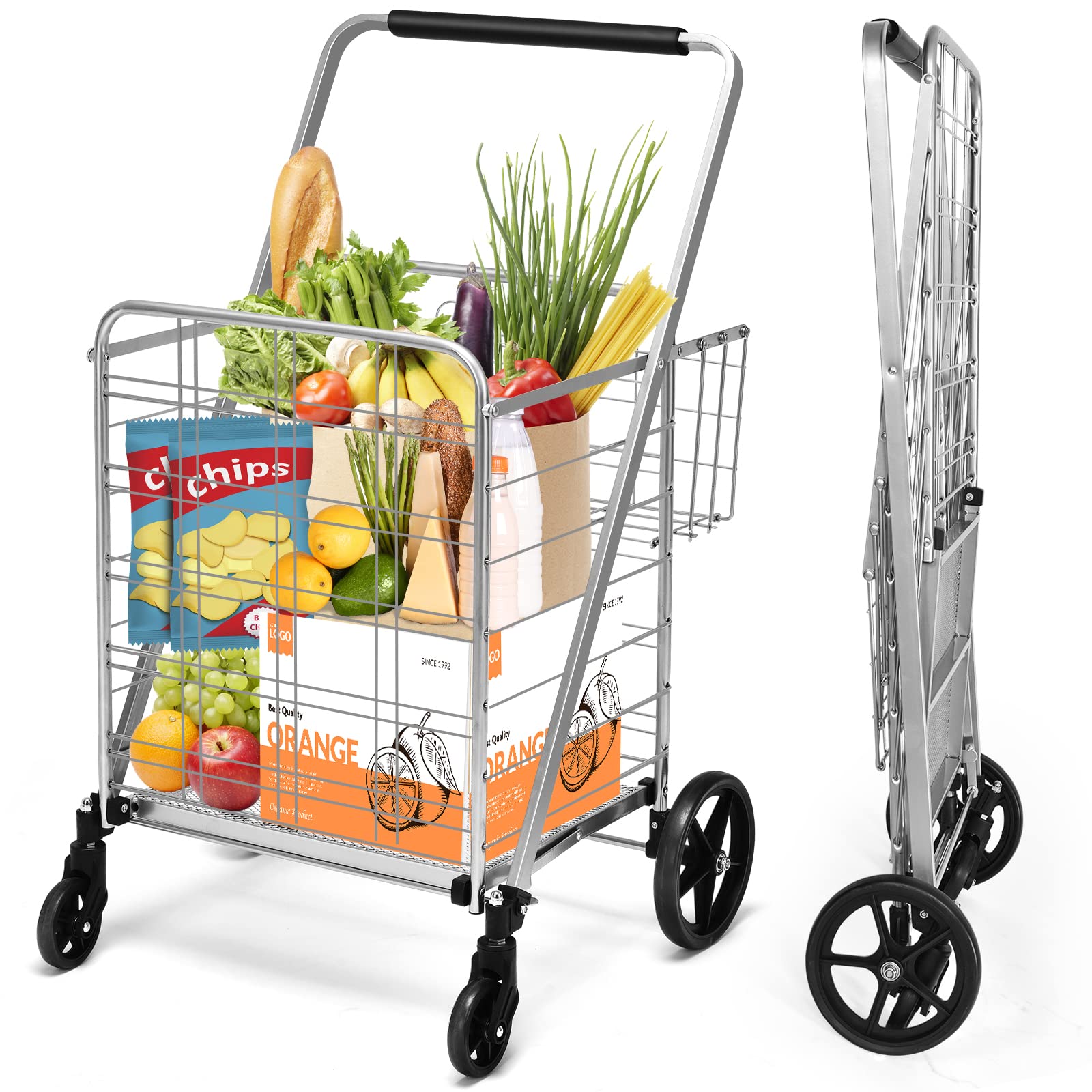 COSTWAY Folding Shopping Cart, Extra Jumbo Double Basket Grocery Cart with 360¡ Swivel Rolling Bearing Wheels, Dense Metal Mesh Base, Large Capacity Utility Cart for Market, Grocery, Laundry (Silver)