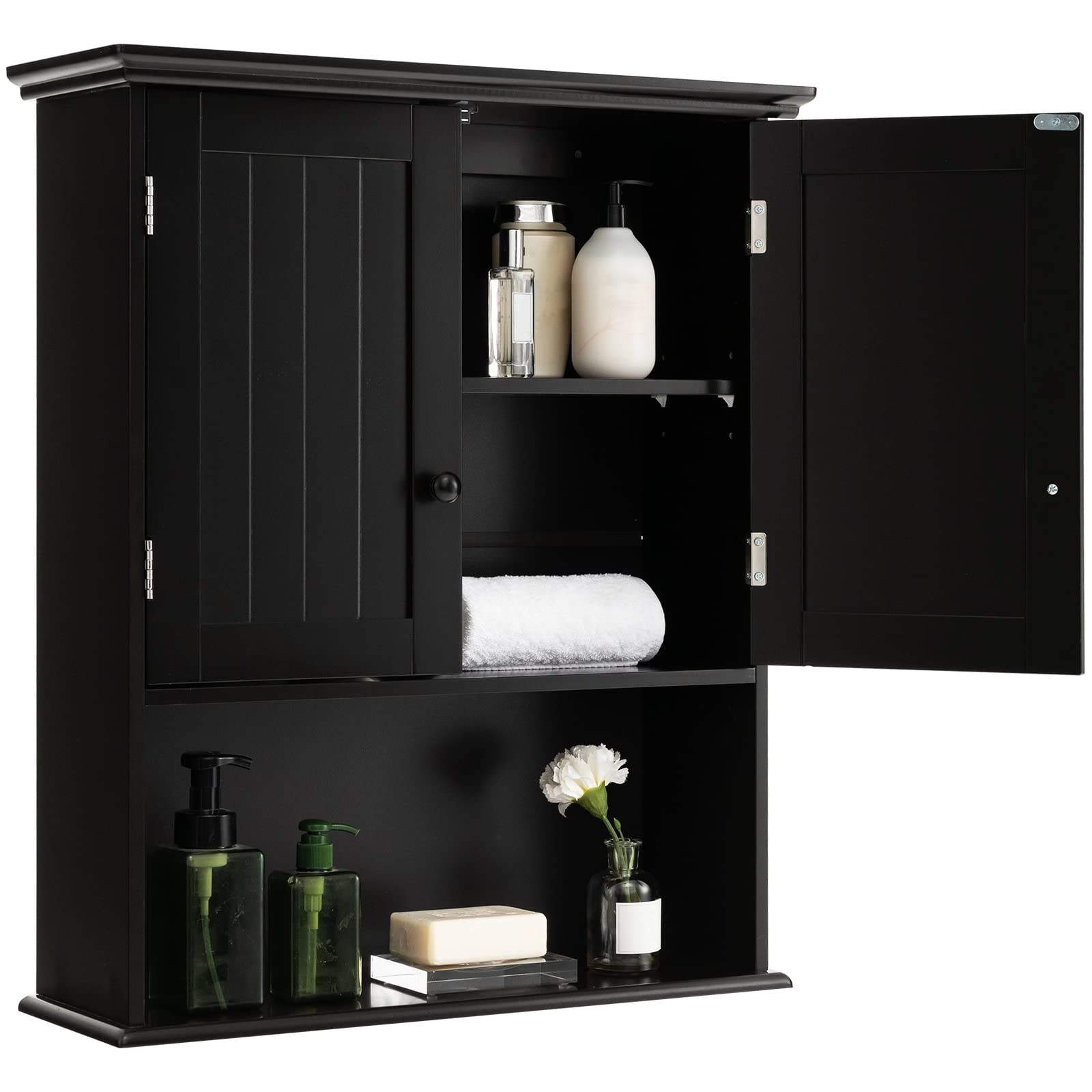 COSTWAY Wall Mounted Bathroom Cabinet, Over The Toilet Storage Cabinet w/Double Doors & Adjustable Shelf, Wood Hanging Medicine Cabinet for Living Room, Entryway, Kitchen (Black)