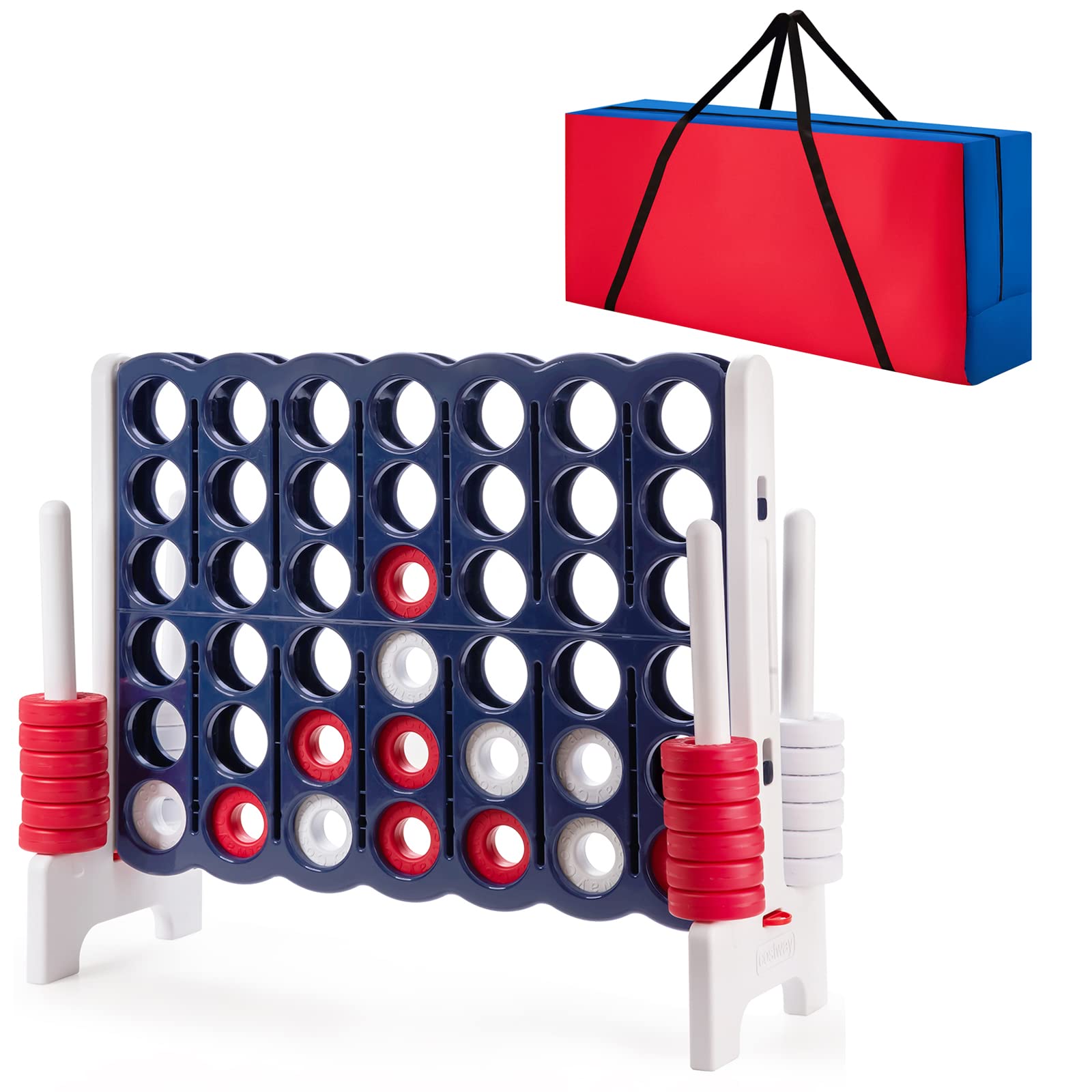 COSTWAY Jumbo 4-to-Score Giant Game Set with Storage Carrying Bag, 4 in A Row for Kids and Adults, Game Set with 42 Jumbo Rings & Quick-Release Slider, Perfect for Family Game